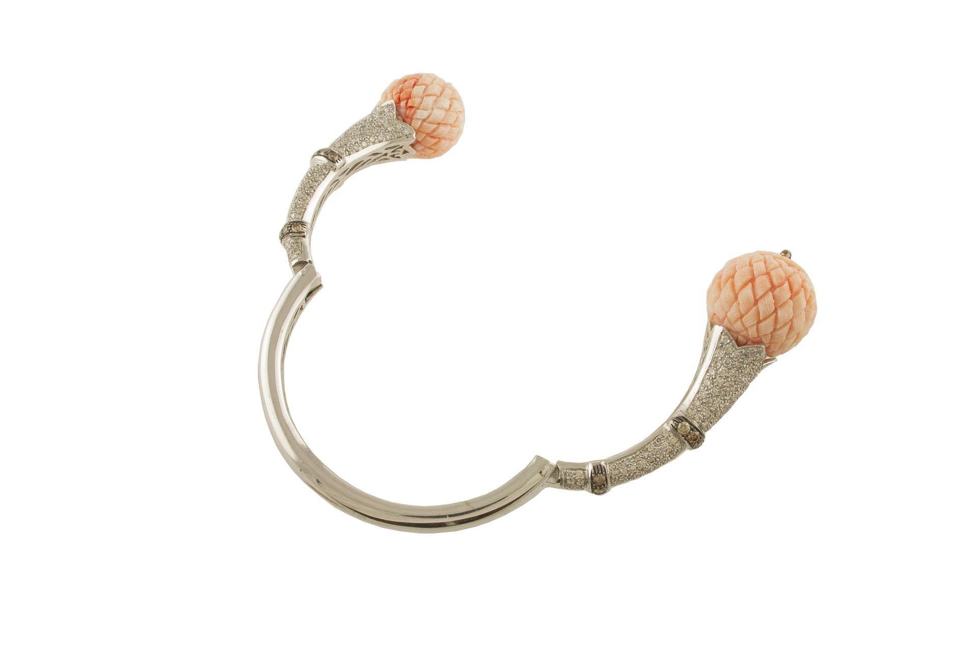 Retro White and Light Brown Diamonds, Engraved Pink Corals Spheres White Gold Bracelet