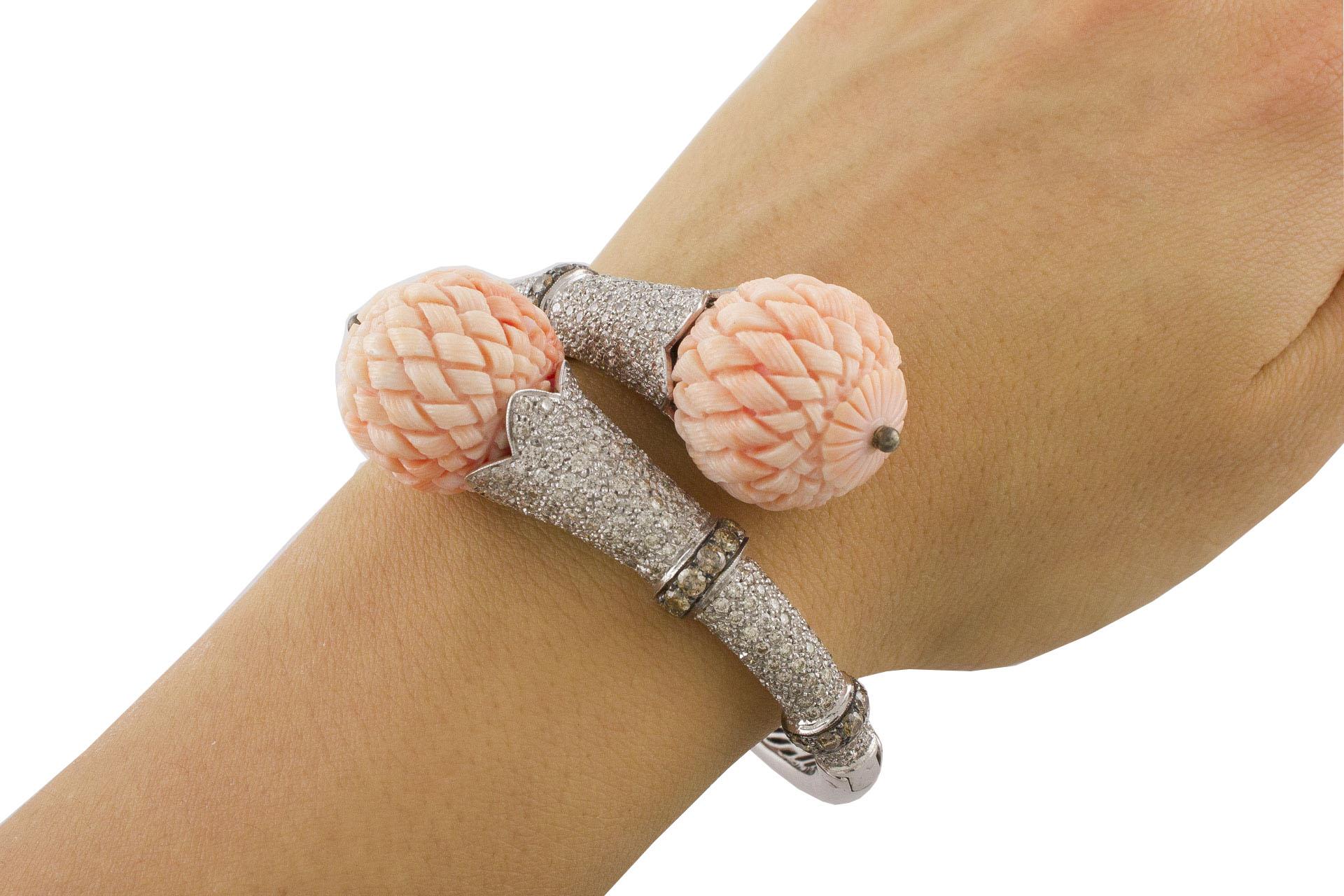 White and Light Brown Diamonds, Engraved Pink Corals Spheres White Gold Bracelet 1