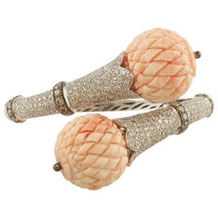 White and Light Brown Diamonds, Engraved Pink Corals Spheres White Gold Bracelet