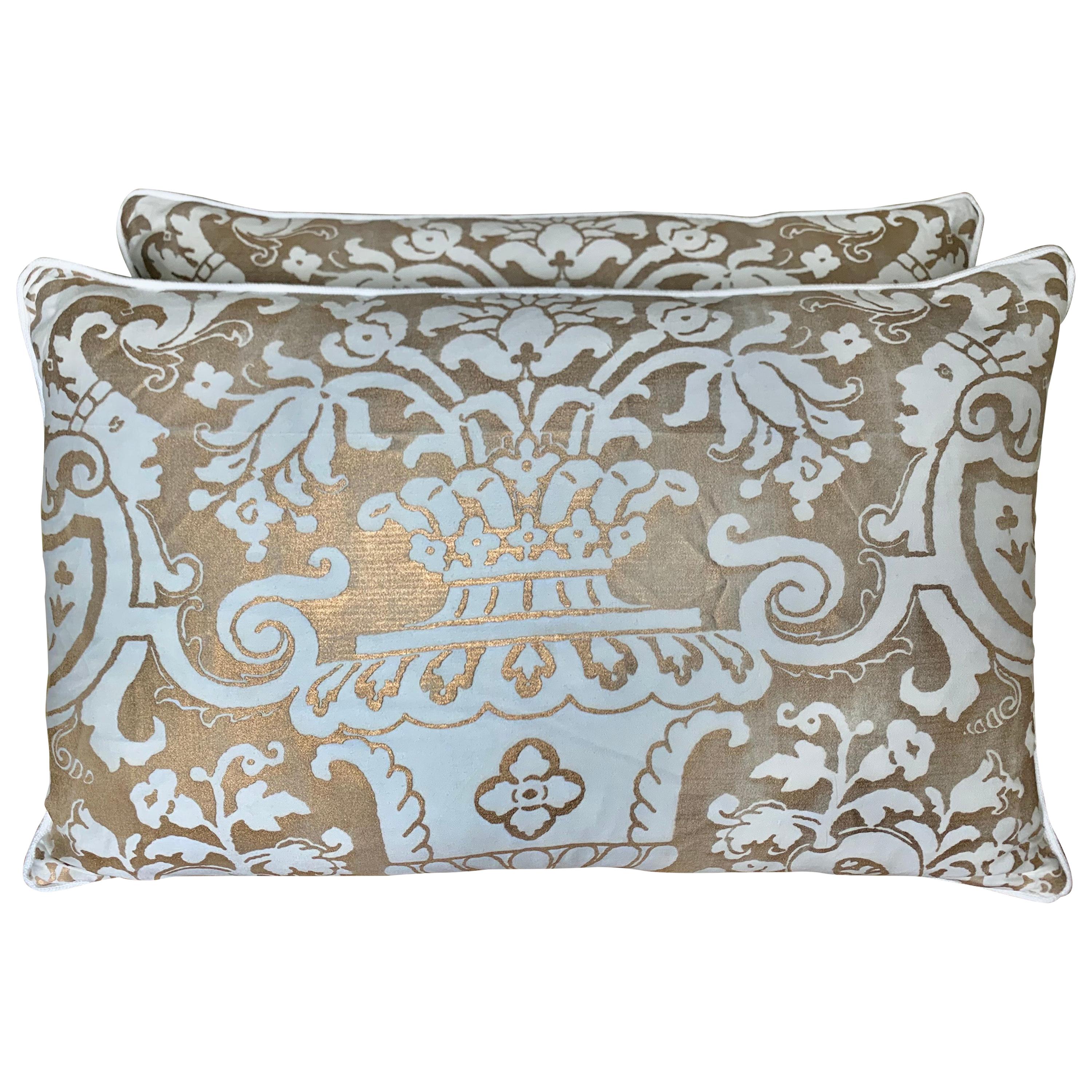 White and Metallic Gold Carnevalet Patterned Fortuny Pillows, Pair