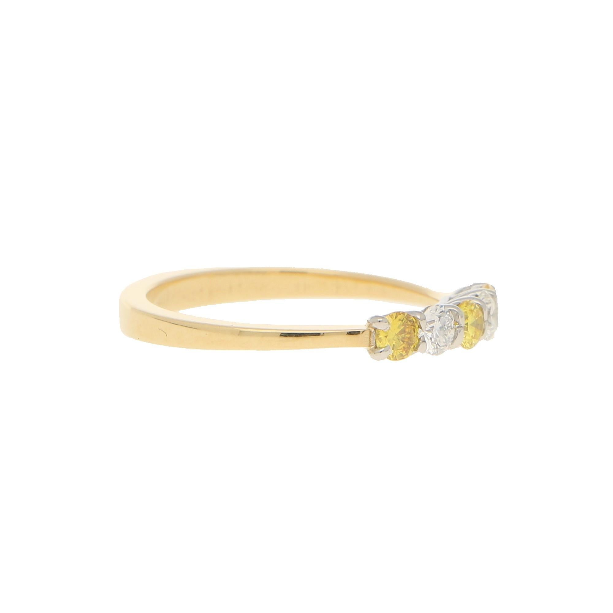 Modern White and Natural Yellow Diamond Half Eternity Ring Set in 18 Karat Yellow Gold