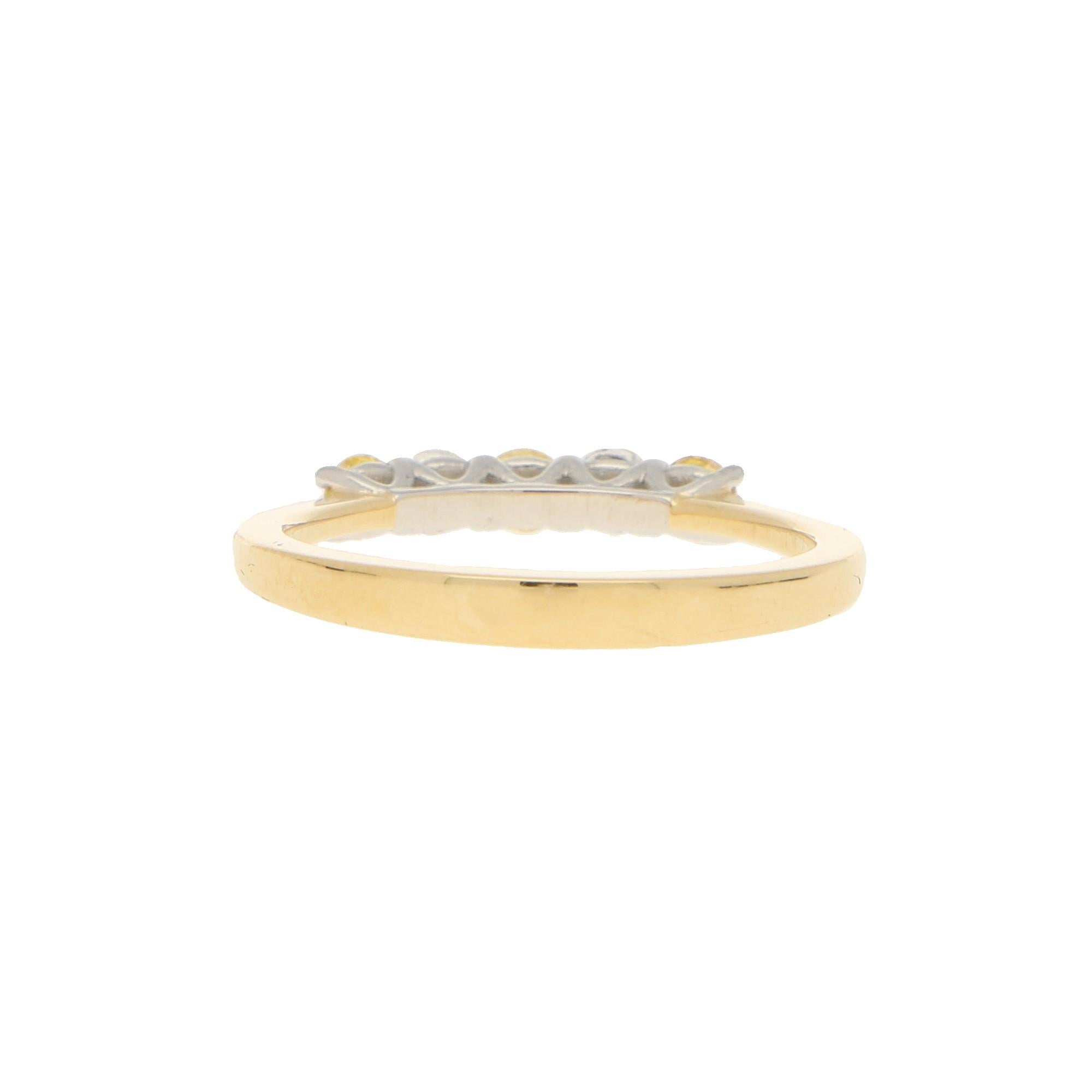 Round Cut White and Natural Yellow Diamond Half Eternity Ring Set in 18 Karat Yellow Gold