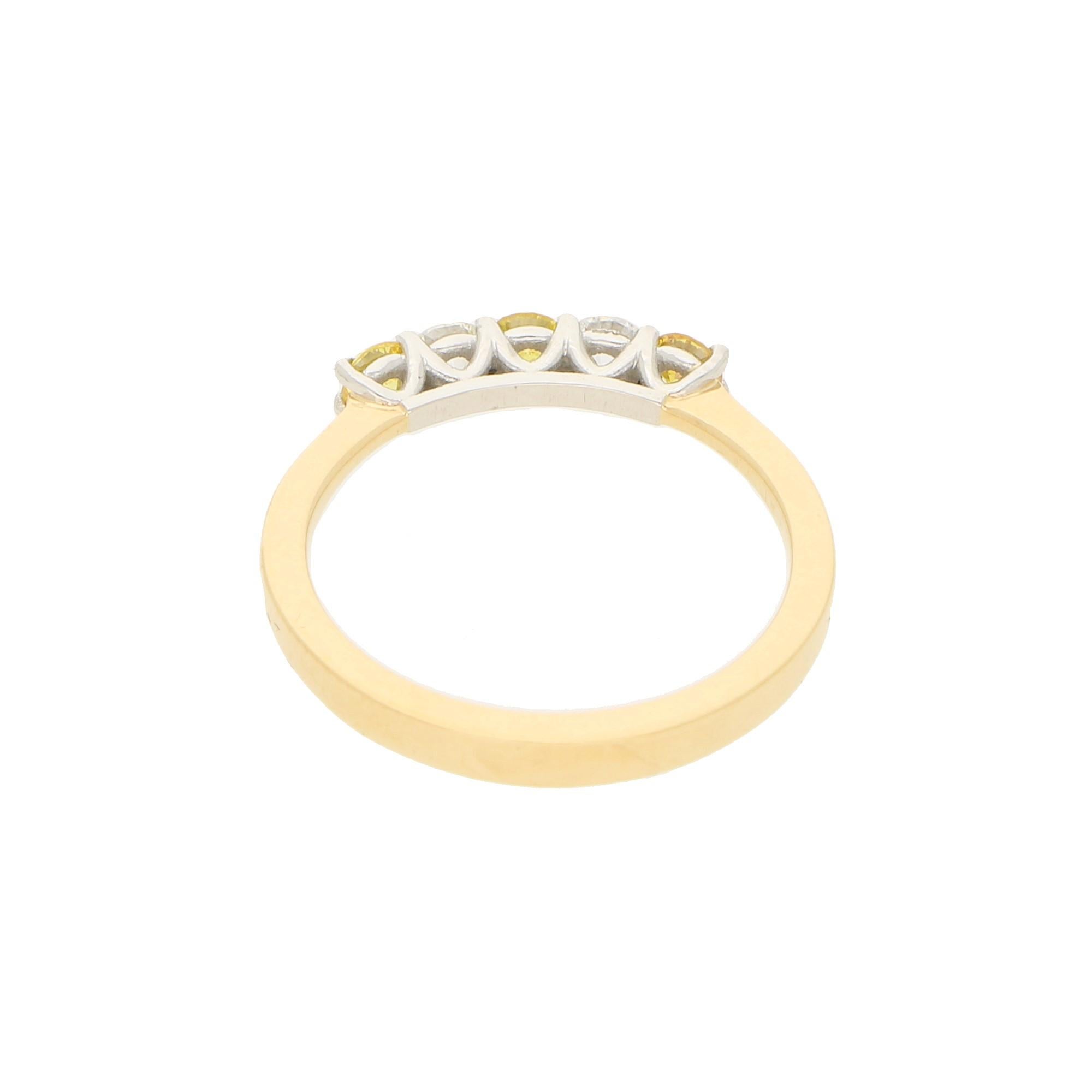 White and Natural Yellow Diamond Half Eternity Ring Set in 18 Karat Yellow Gold In Good Condition In London, GB
