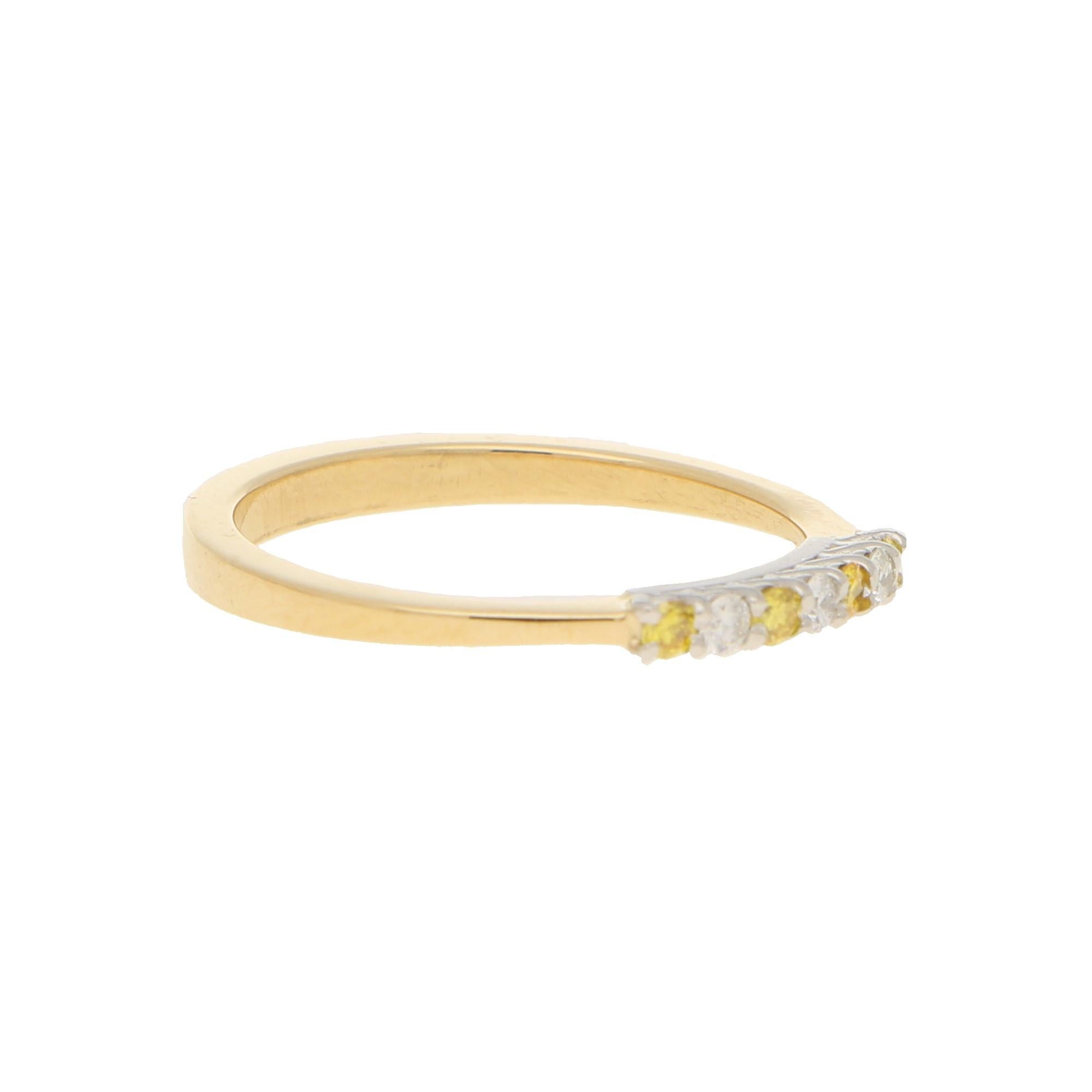 Round Cut White and Natural Yellow Diamond Seven-Stone Half Eternity Ring in 18 Karat Gold For Sale