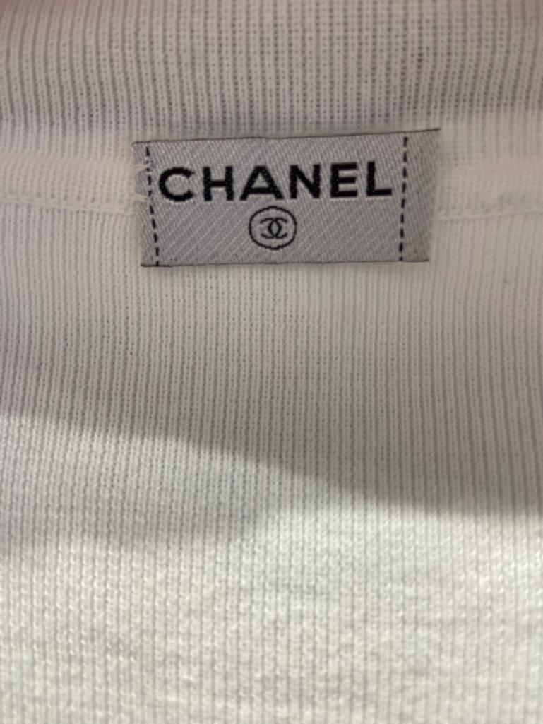 White and navy cotton jersey Polo shirt with embroideries branded detail Chanel  For Sale 2