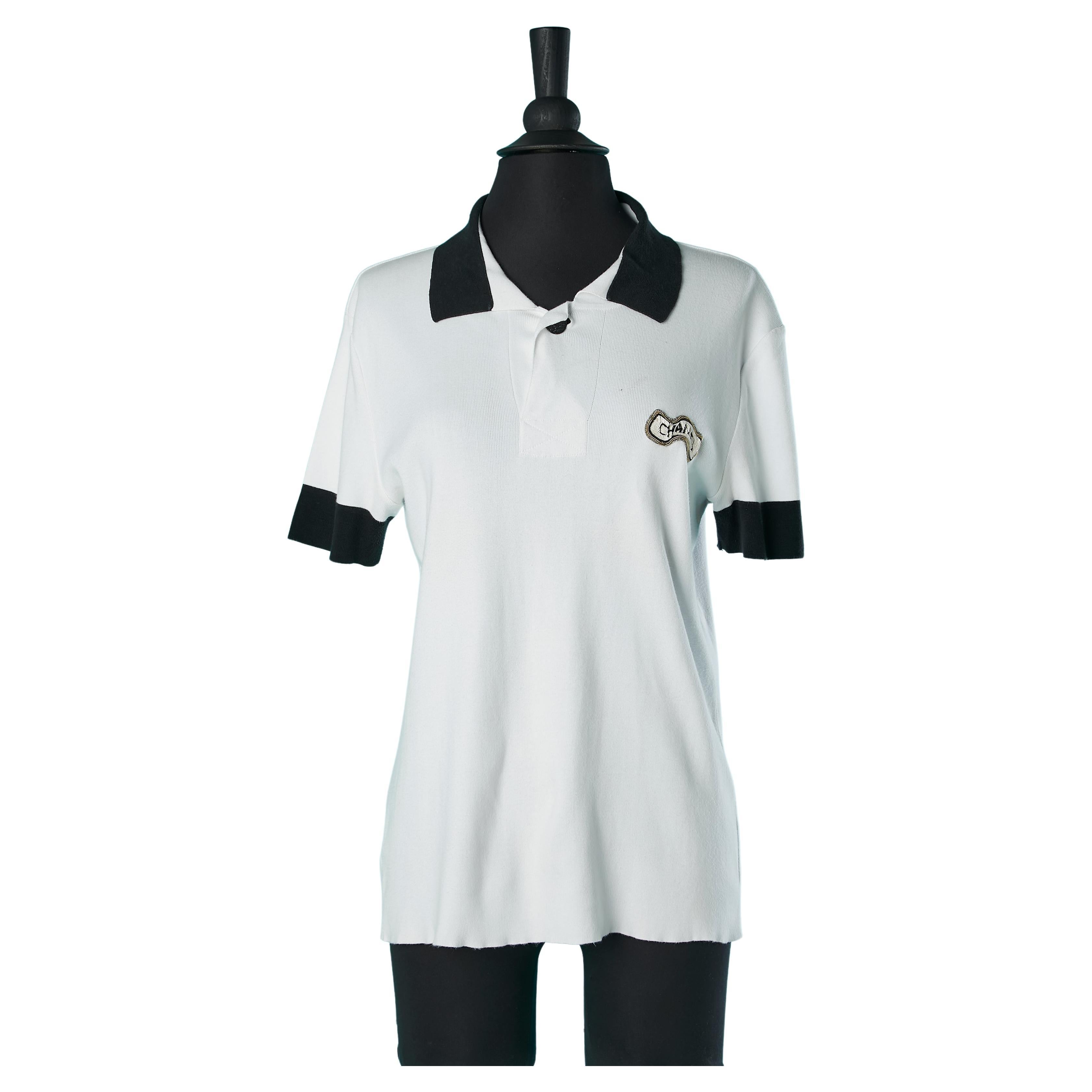 White and navy cotton jersey Polo shirt with embroideries branded detail Chanel  For Sale