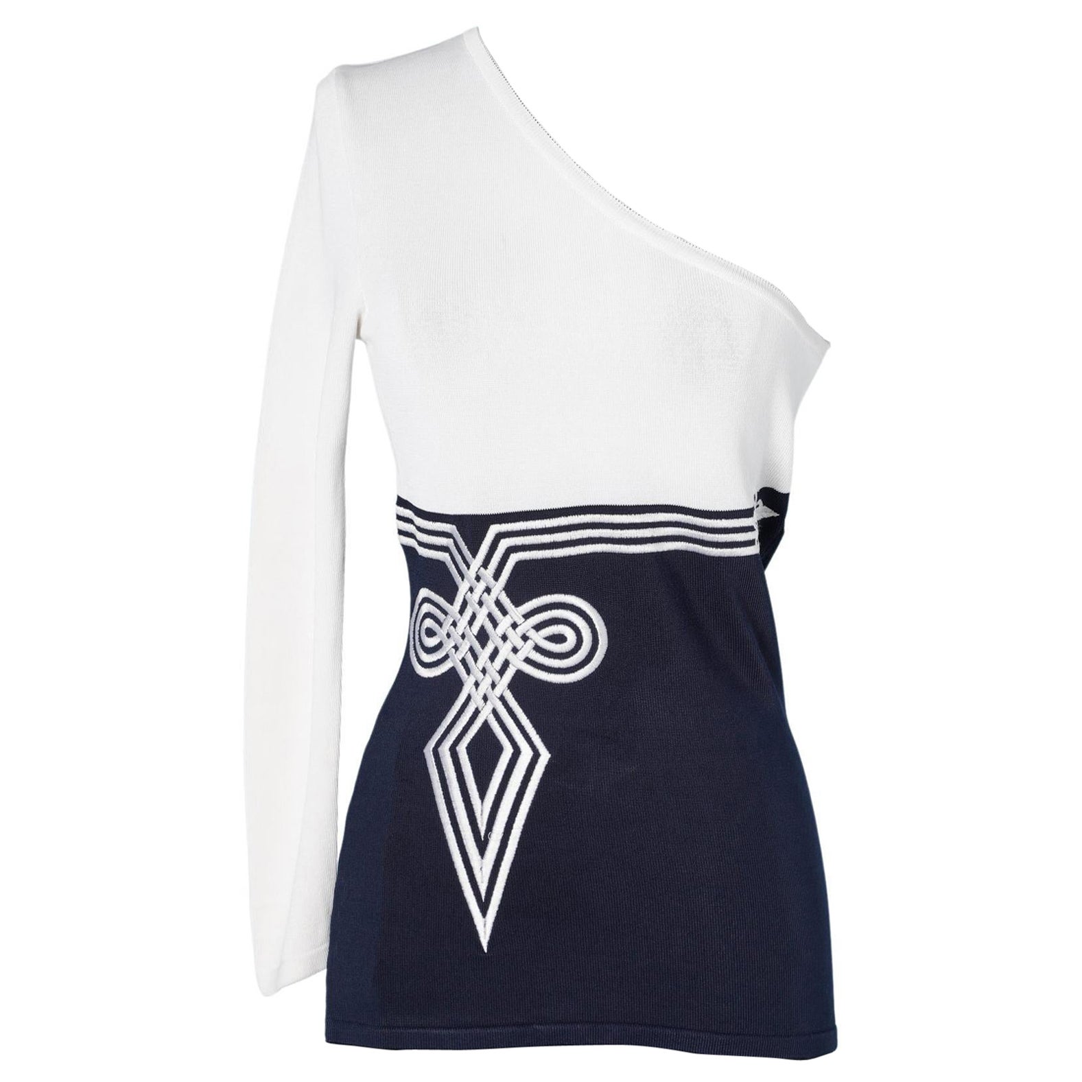 Top asimmetrico in maglia bianca e marina  con ricami Christian Dior Boutique