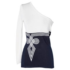 Top asimmetrico in maglia bianca e marina  con ricami Christian Dior Boutique