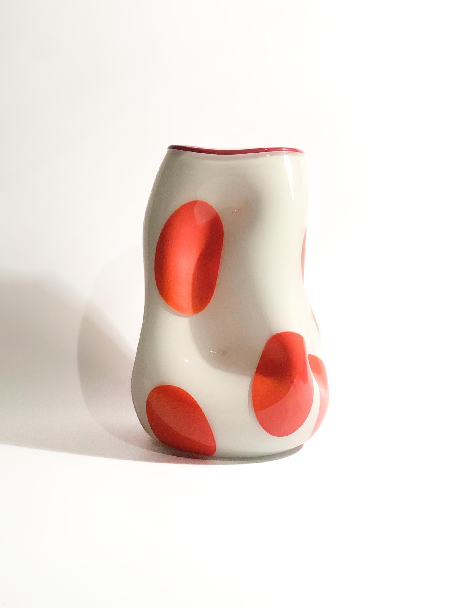 Mid-Century Modern White and Orange Murano Glass Vase from the 1980s
