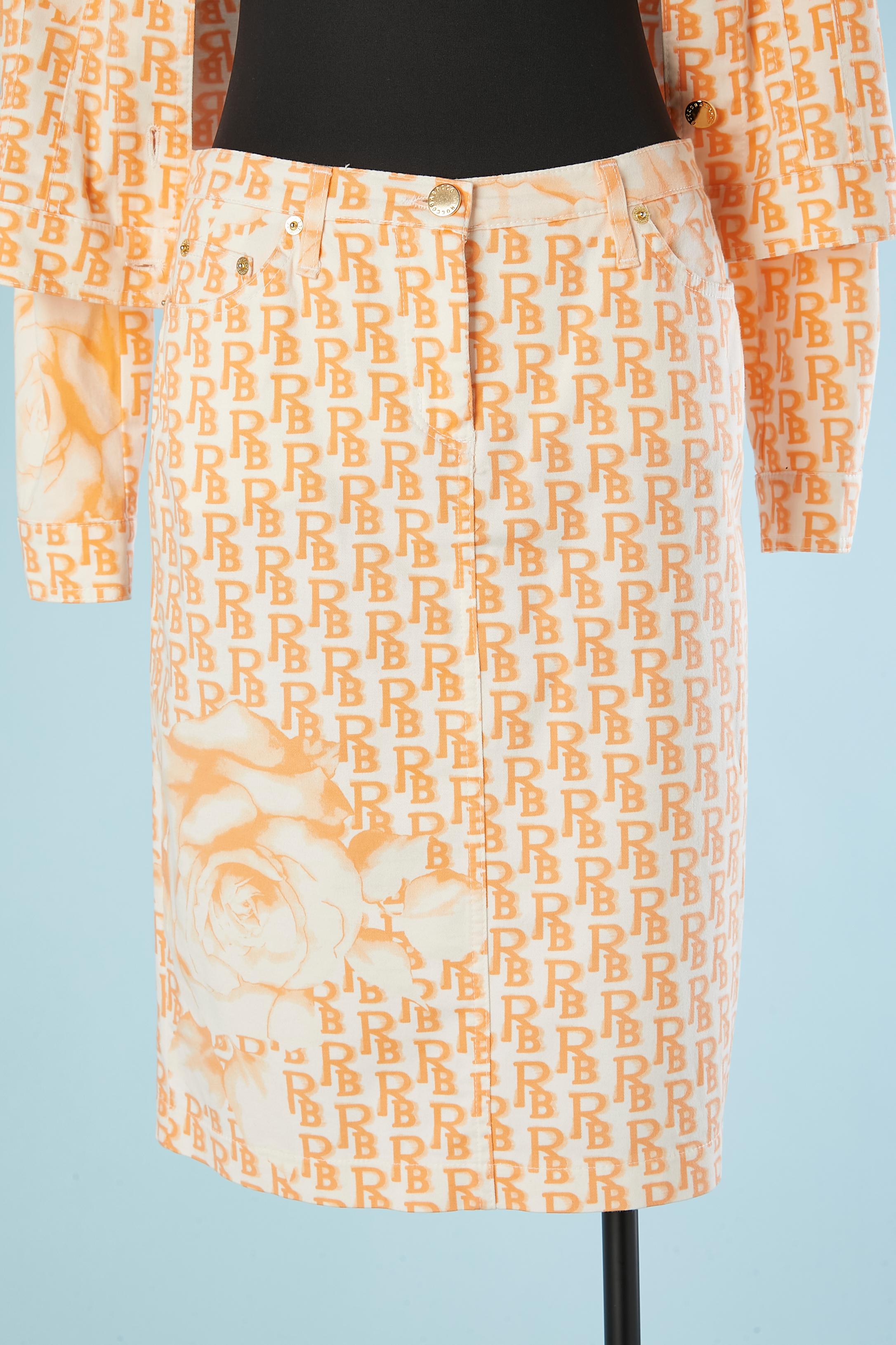 White and orange printed cotton jacket and skirt ensemble Roccobaroco  For Sale 2