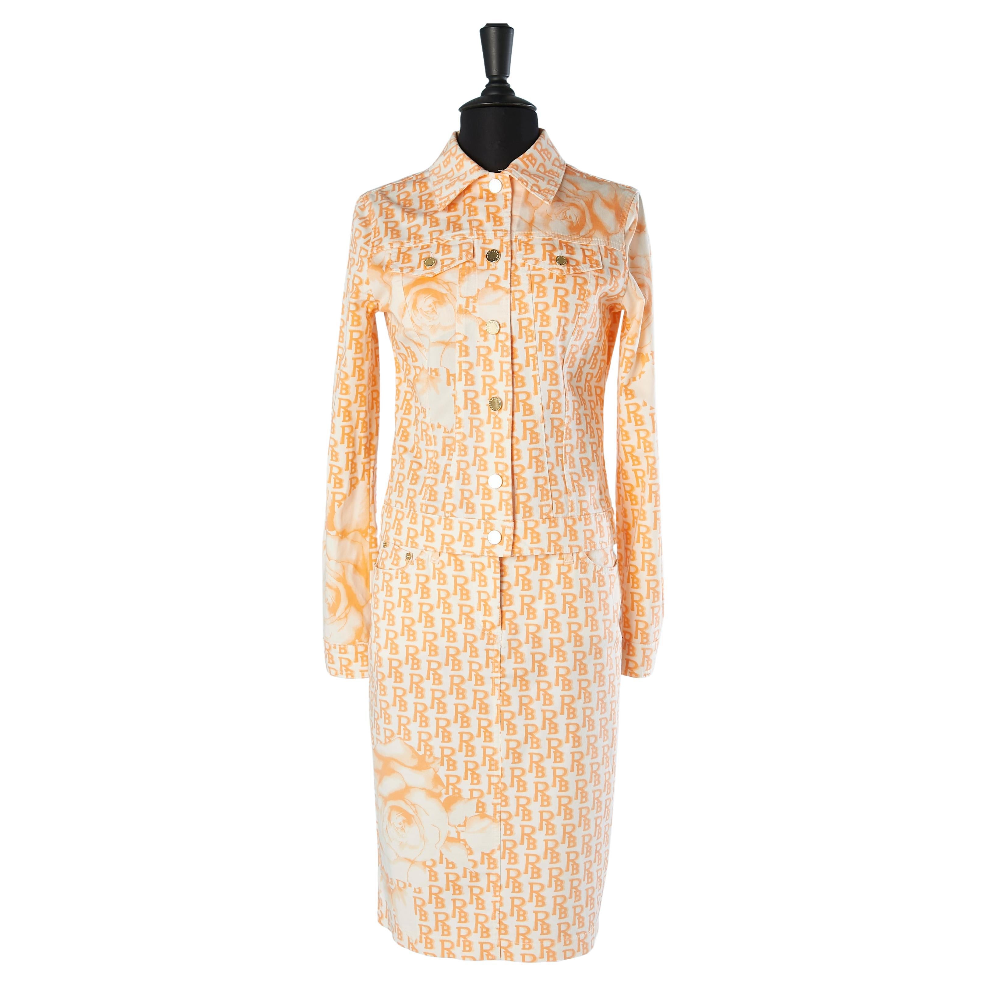 White and orange printed cotton jacket and skirt ensemble Roccobaroco  For Sale