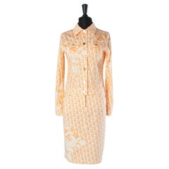 Completo giacca e gonna in cotone stampato bianco e arancione Roccobaroco
