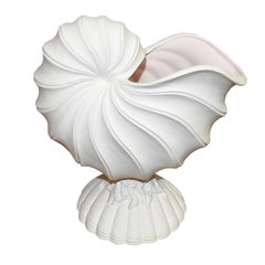 White and Pale Pink Ceramic Unglazed Shell Motif Vase, Signed 1987