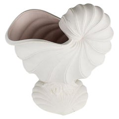 White and Pale Pink Ceramic Unglazed Shell Motif Vase, Signed 1987