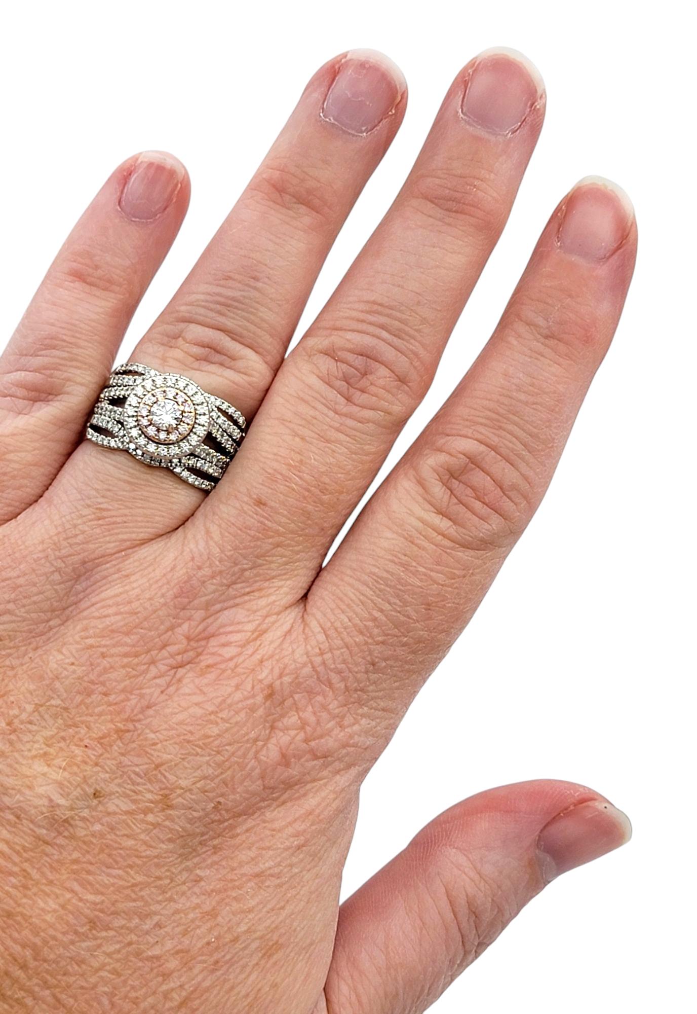 White and Pink Diamond Double Halo Multi Row Ring in 14 Karat White & Rose Gold For Sale 4