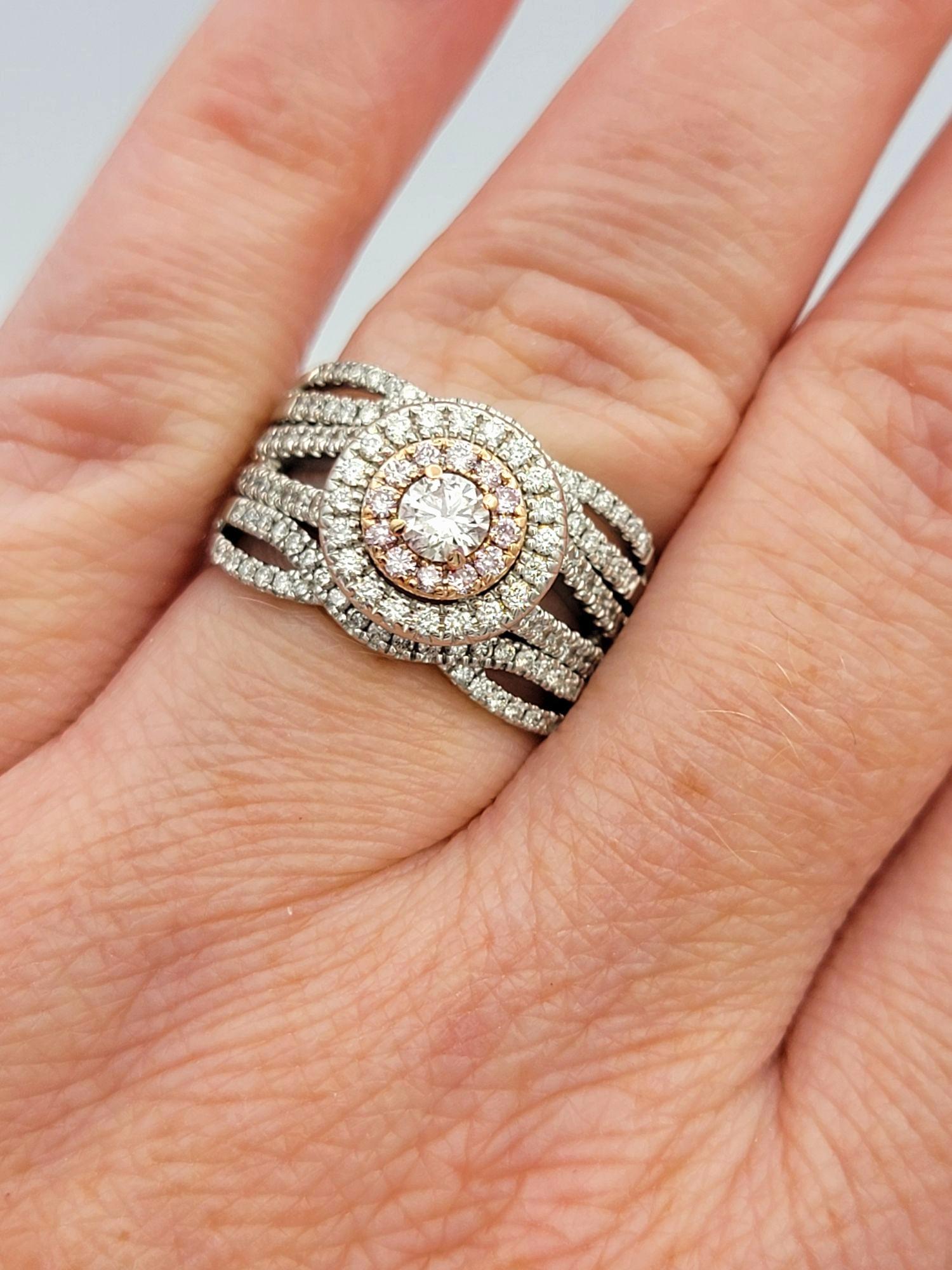 White and Pink Diamond Double Halo Multi Row Ring in 14 Karat White & Rose Gold For Sale 5