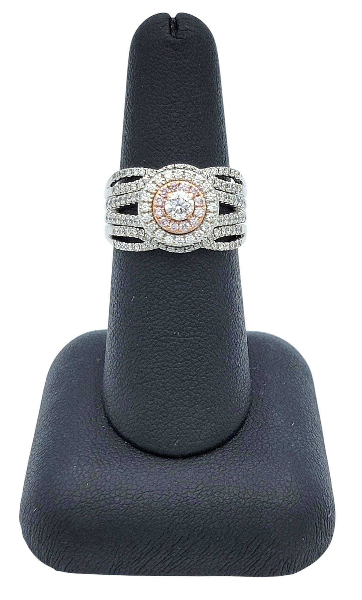 White and Pink Diamond Double Halo Multi Row Ring in 14 Karat White & Rose Gold For Sale 6