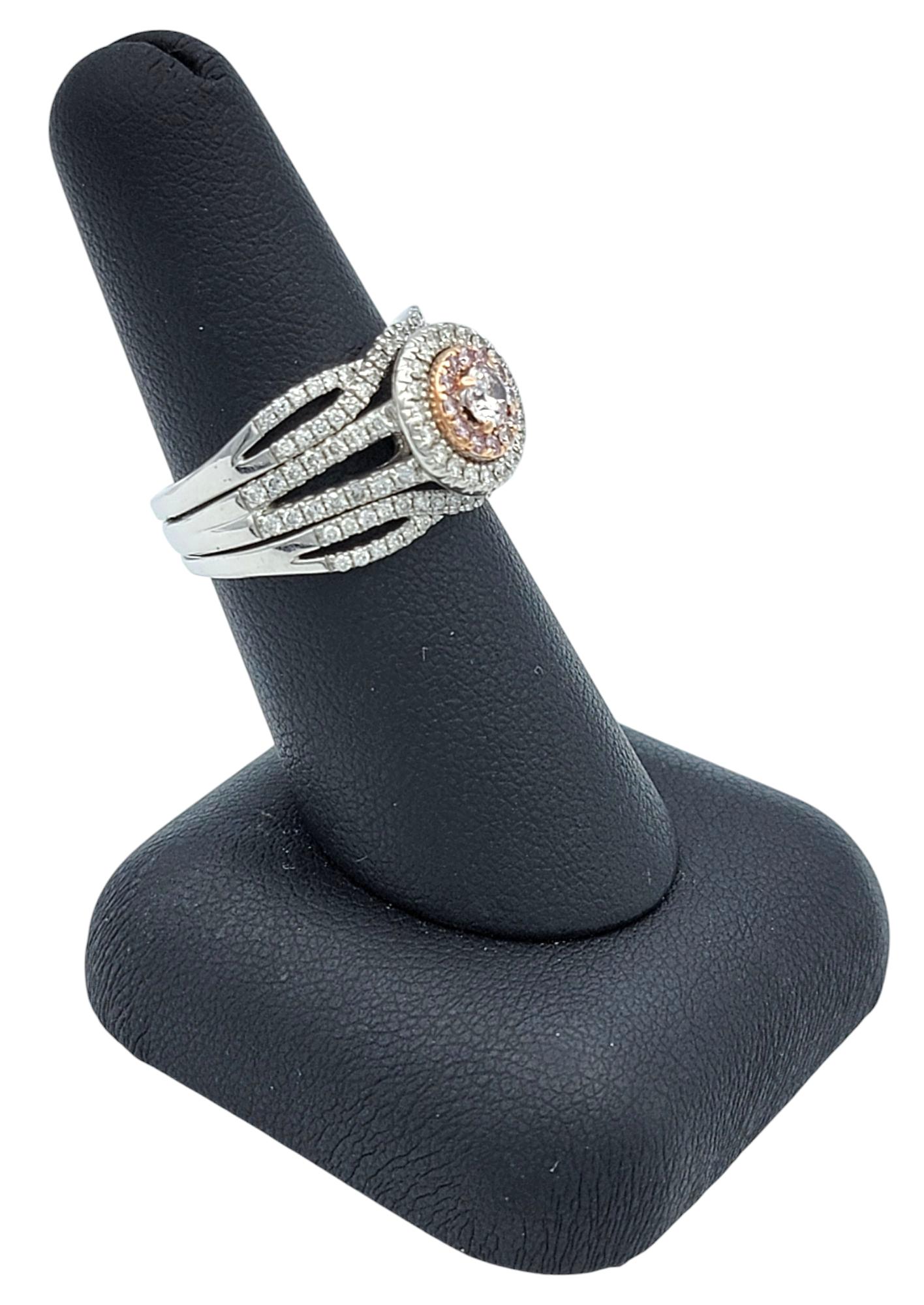 White and Pink Diamond Double Halo Multi Row Ring in 14 Karat White & Rose Gold For Sale 7