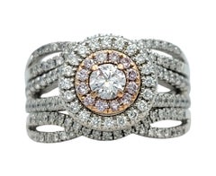 White and Pink Diamond Double Halo Multi Row Ring in 14 Karat White & Rose Gold