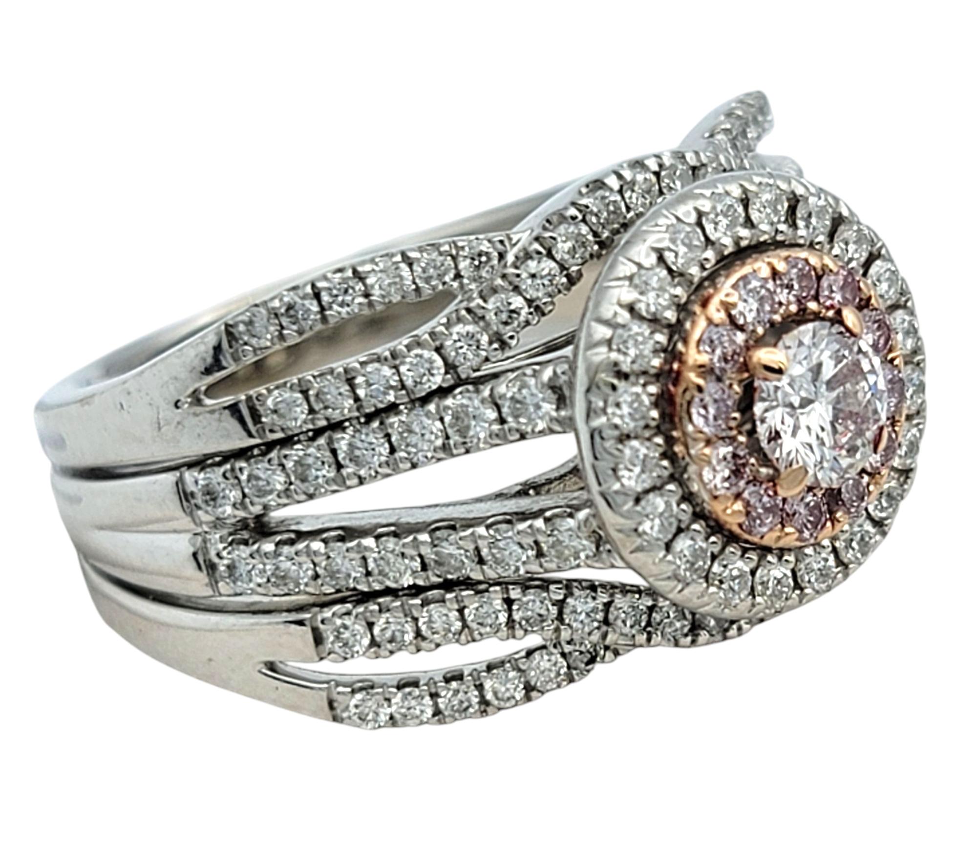 Contemporary White and Pink Diamond Double Halo Multi Row Ring in 14 Karat White & Rose Gold For Sale