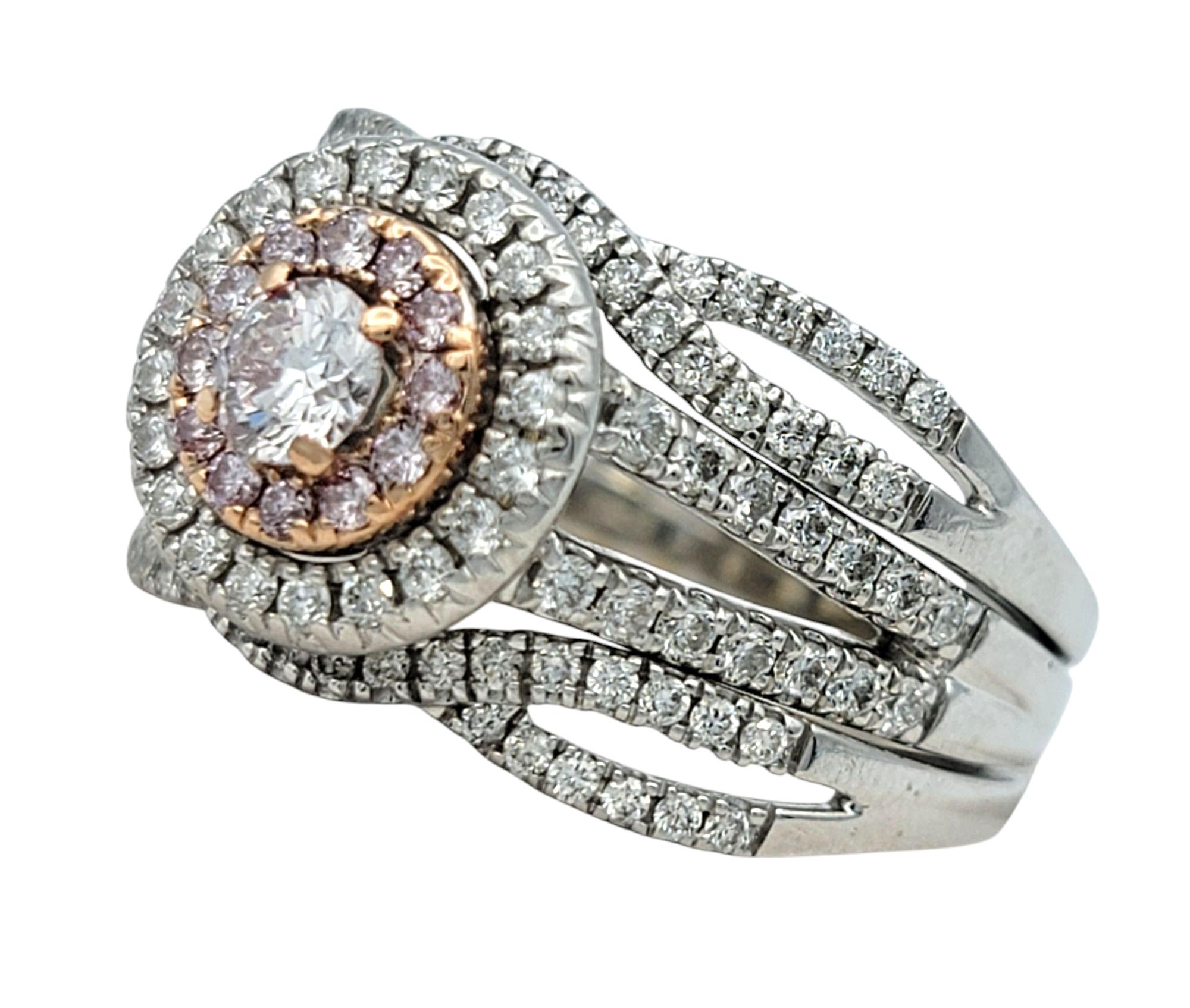Round Cut White and Pink Diamond Double Halo Multi Row Ring in 14 Karat White & Rose Gold For Sale