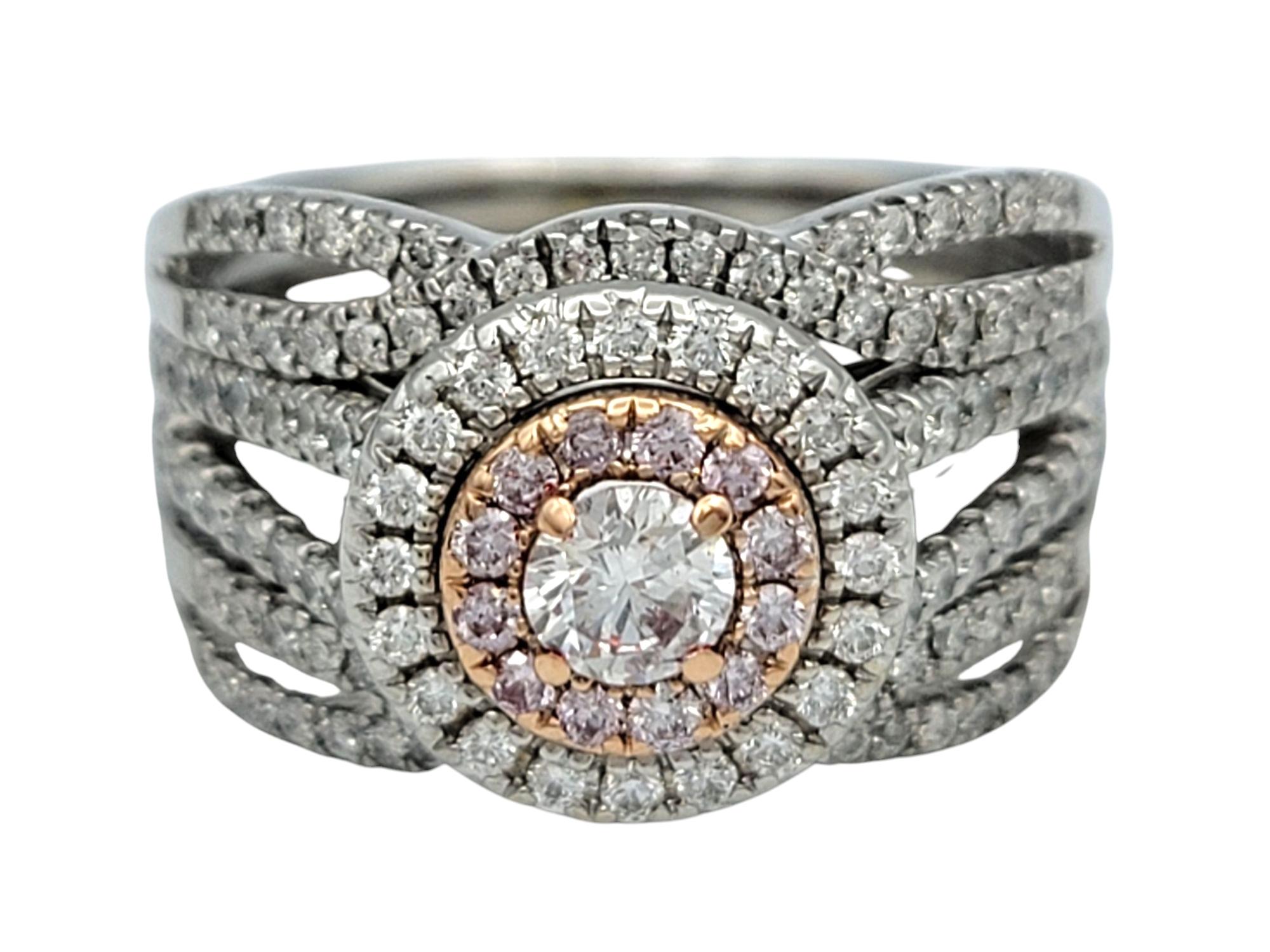 White and Pink Diamond Double Halo Multi Row Ring in 14 Karat White & Rose Gold In Good Condition For Sale In Scottsdale, AZ