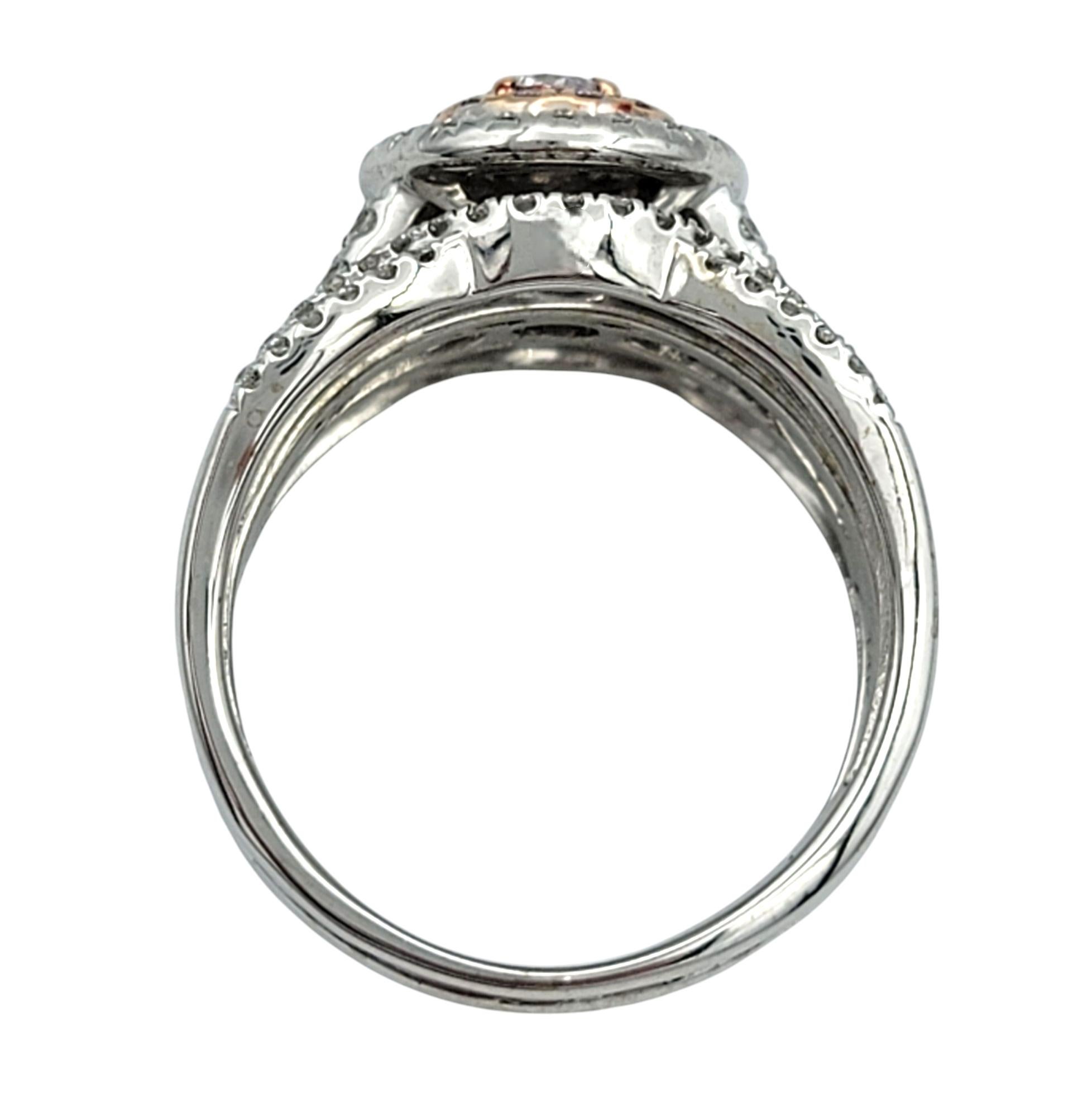 Women's White and Pink Diamond Double Halo Multi Row Ring in 14 Karat White & Rose Gold For Sale