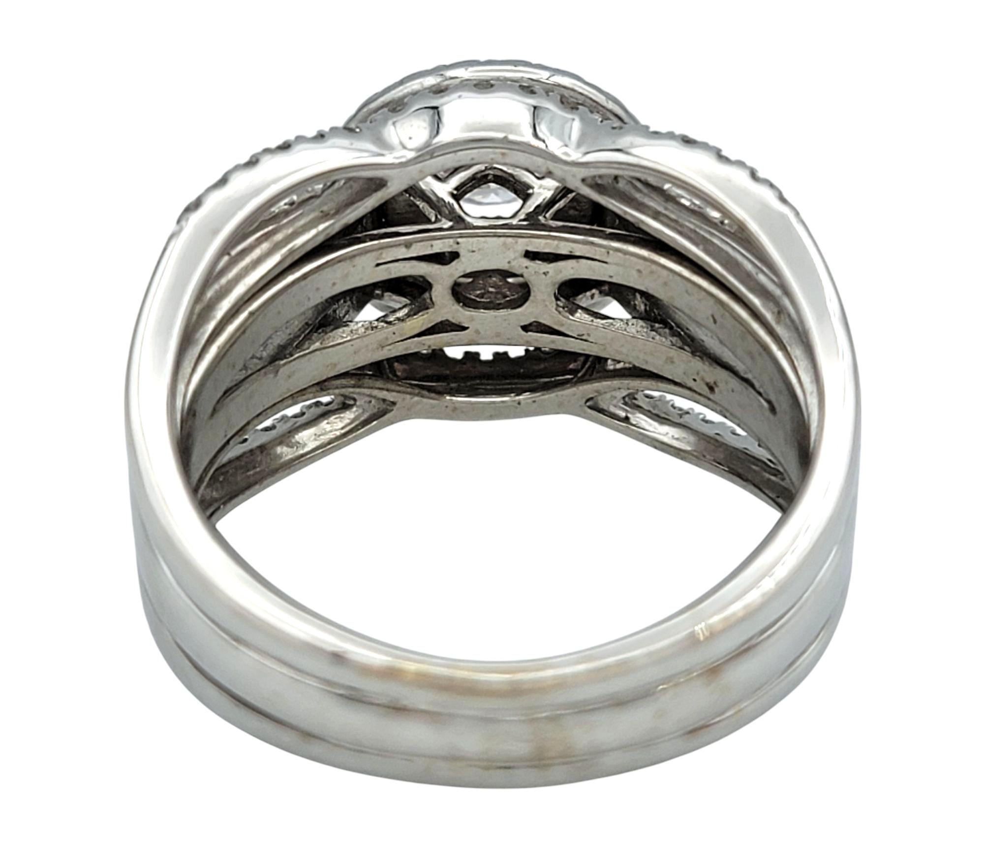 White and Pink Diamond Double Halo Multi Row Ring in 14 Karat White & Rose Gold For Sale 1
