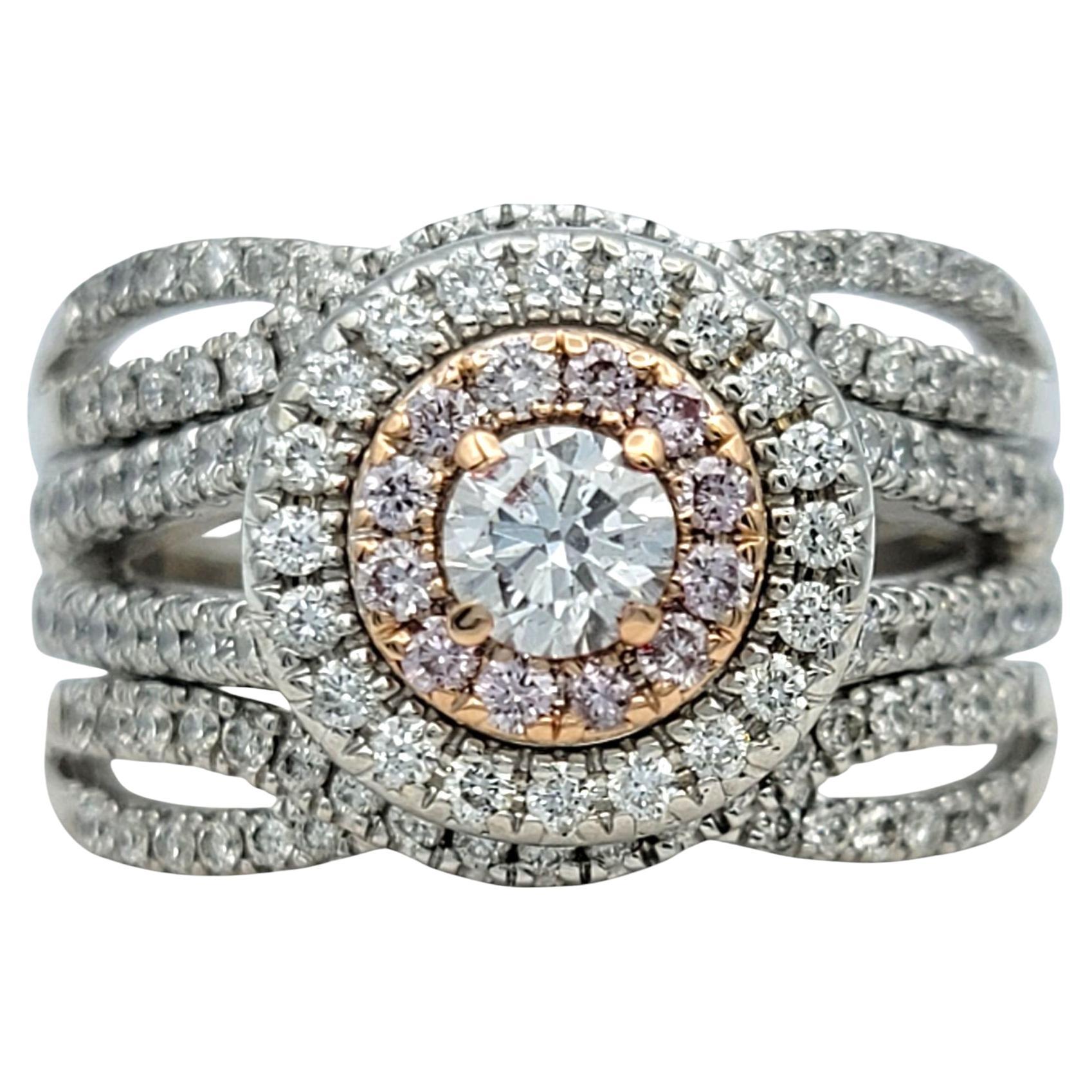 White and Pink Diamond Double Halo Multi Row Ring in 14 Karat White & Rose Gold