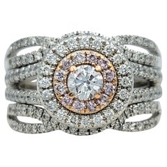 White and Pink Diamond Double Halo Multi Row Ring in 14 Karat White & Rose Gold
