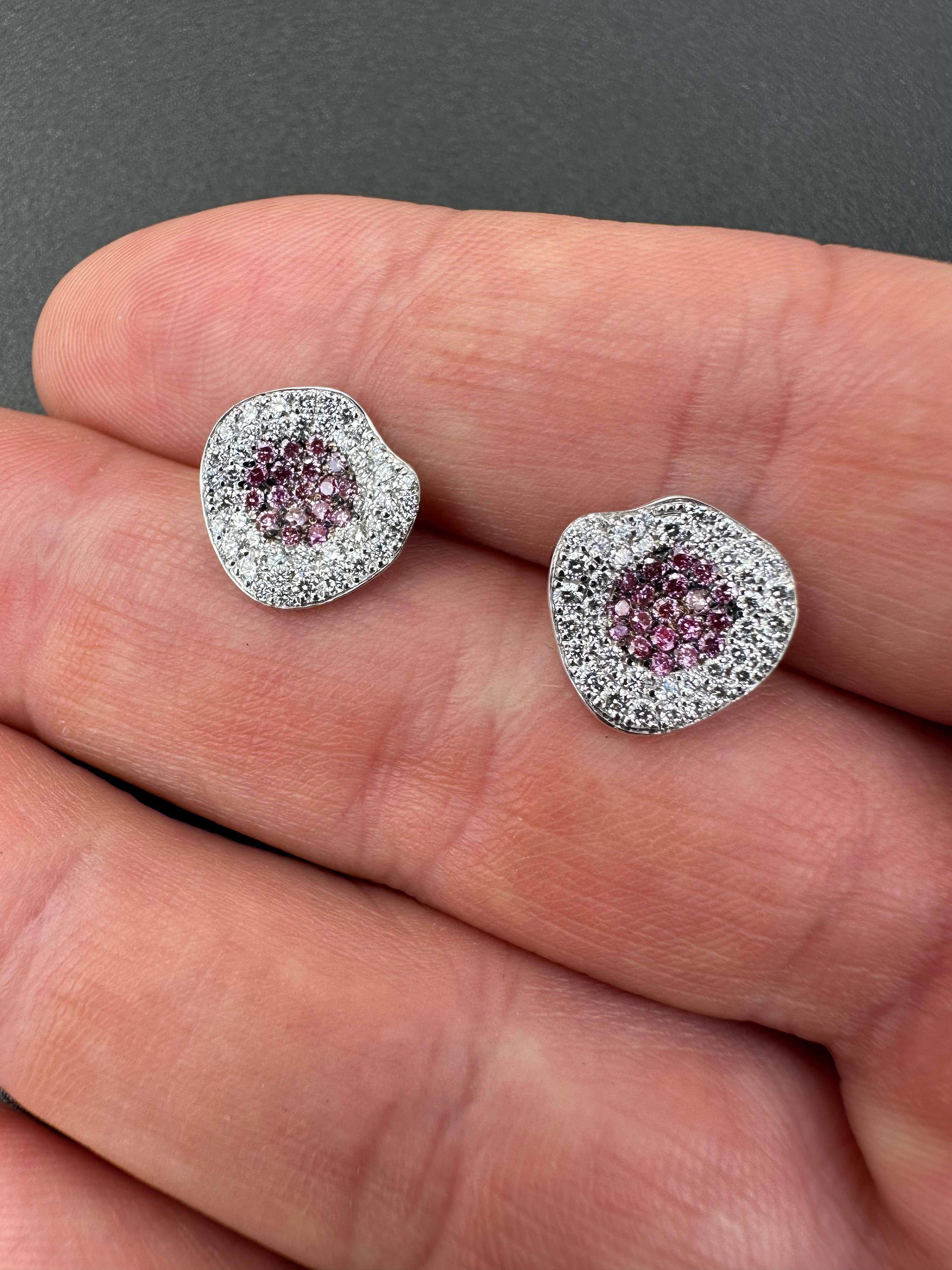 Round Cut White and Pink Diamond Stud Earrings set in White Gold
