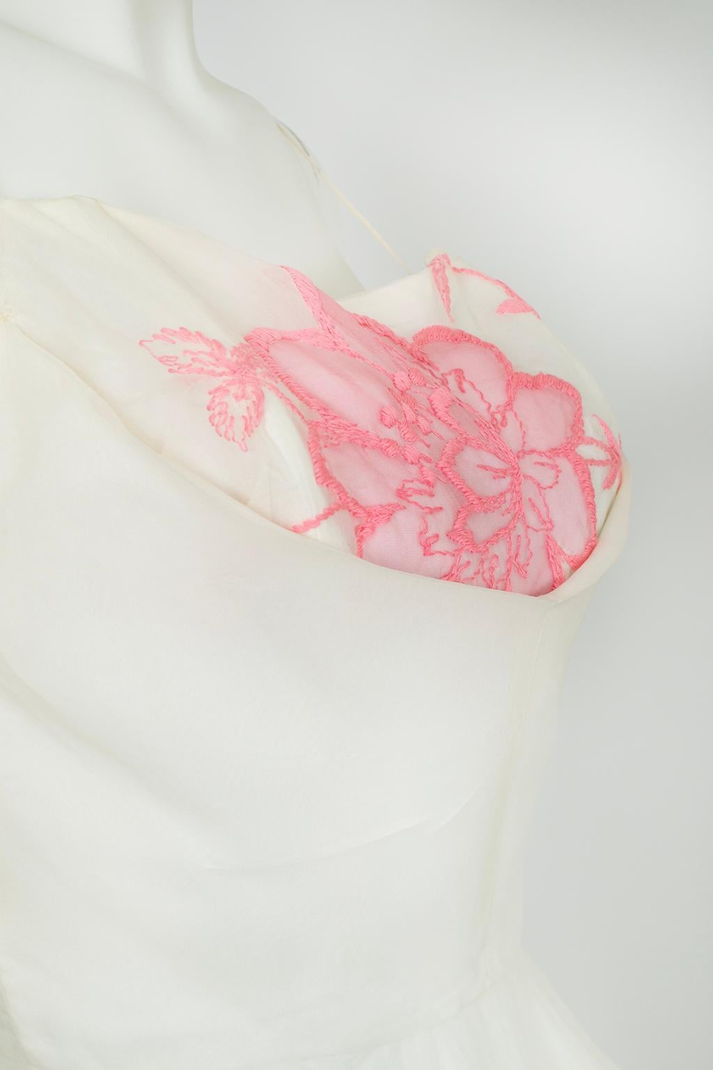 Robe de soirée à ourlet bulle brodé blanc et rose avec buste pétale - S, années 1950 en vente 6
