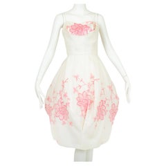 White and Pink Embroidered Bubble Hem Party Dress w Petal Bust – S, 1950s
