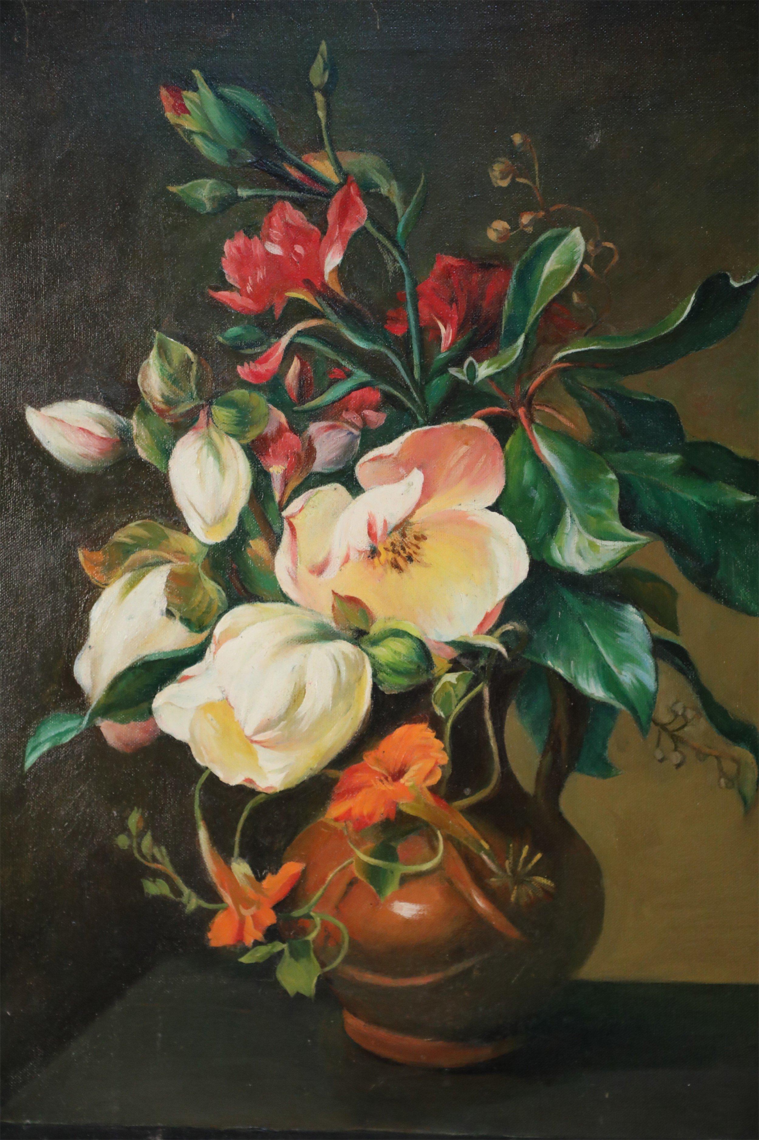 American White and Pink Floral Arrangement Still Life Painting on Canvas For Sale
