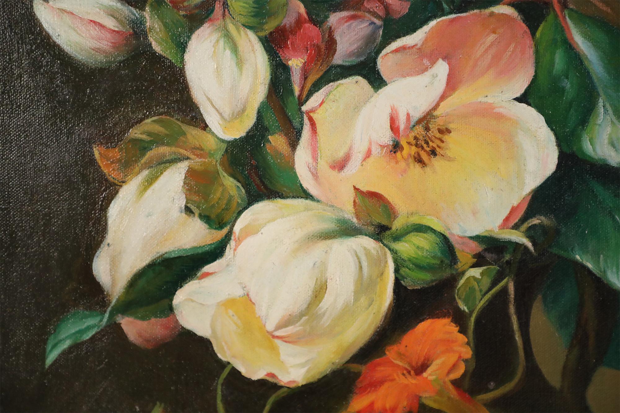Oiled White and Pink Floral Arrangement Still Life Painting on Canvas For Sale