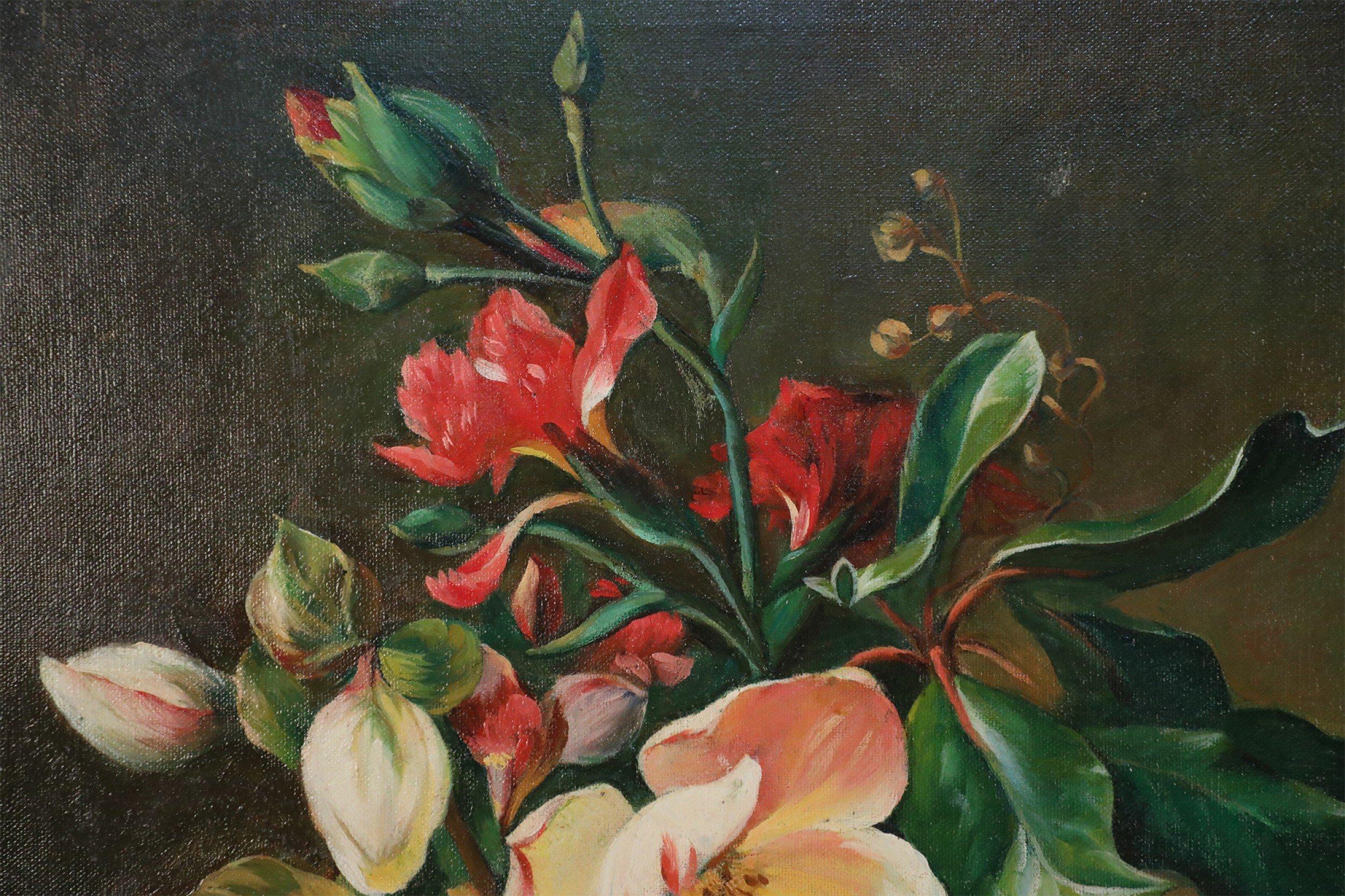 Weißes und rosafarbenes Blumenarrangement-Stillleben auf Leinwand (20. Jahrhundert) im Angebot