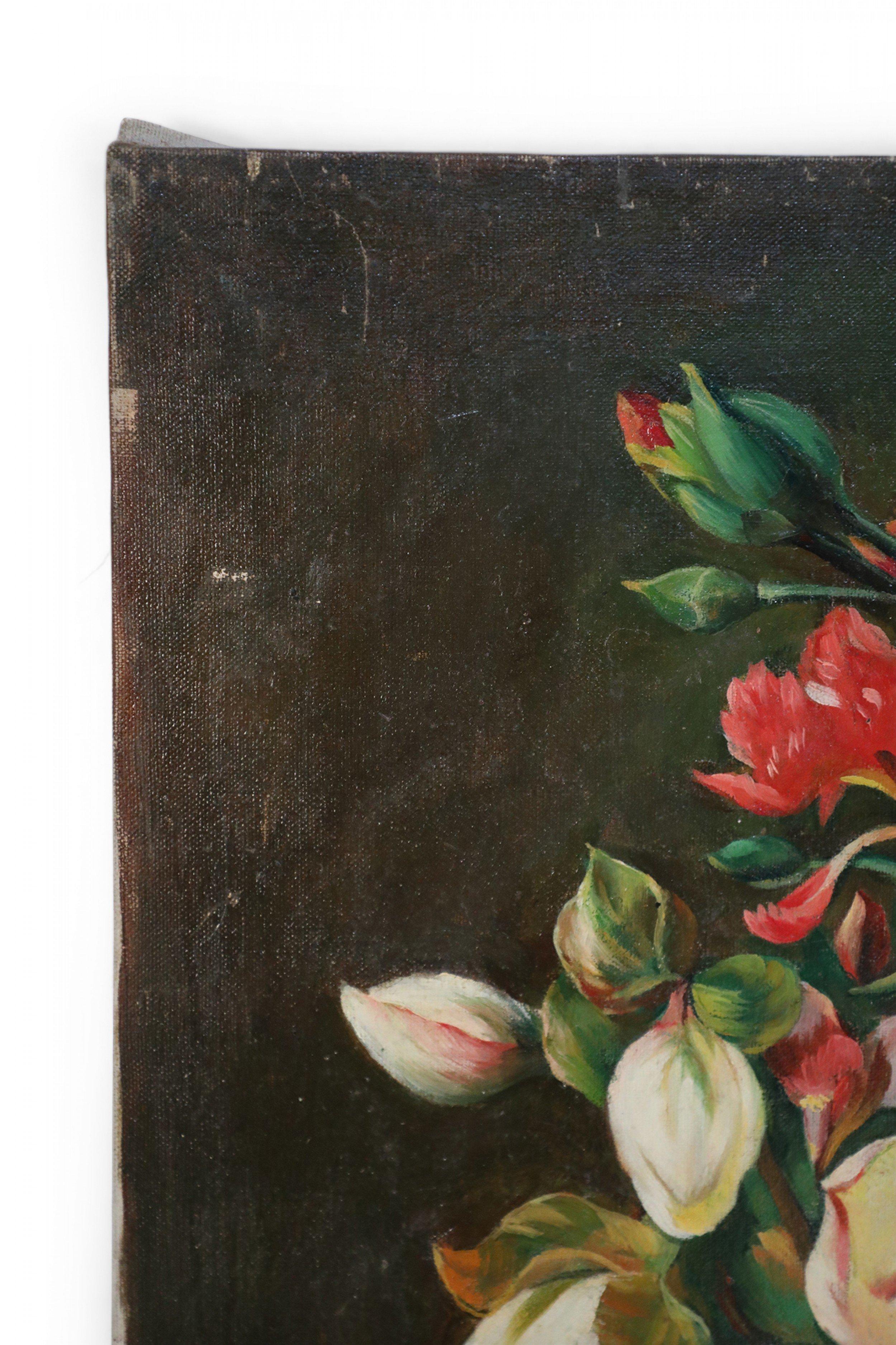 Tela Pittura su tela con composizione floreale bianca e rosa in vendita