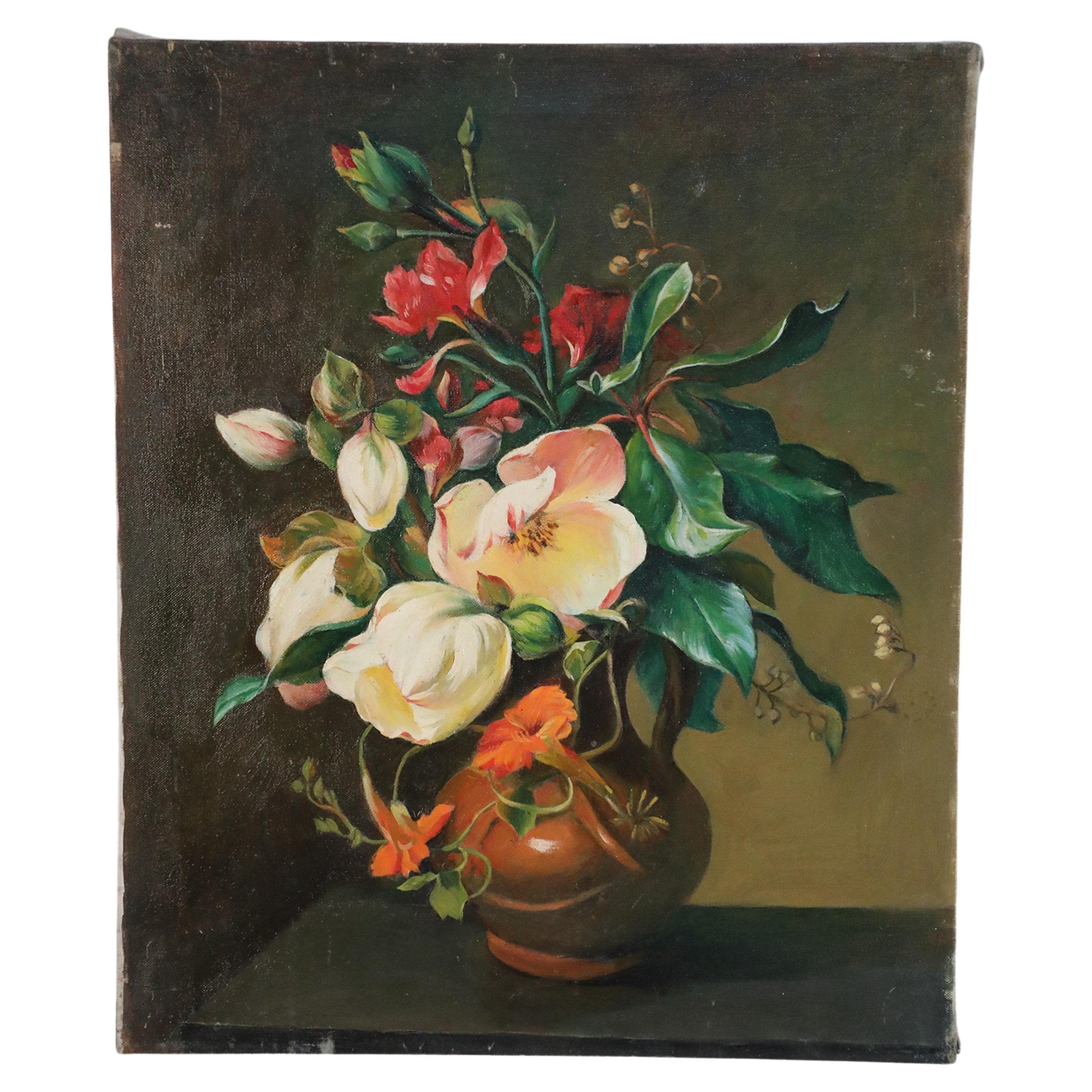 White and Pink Floral Arrangement Still Life Painting on Canvas For Sale