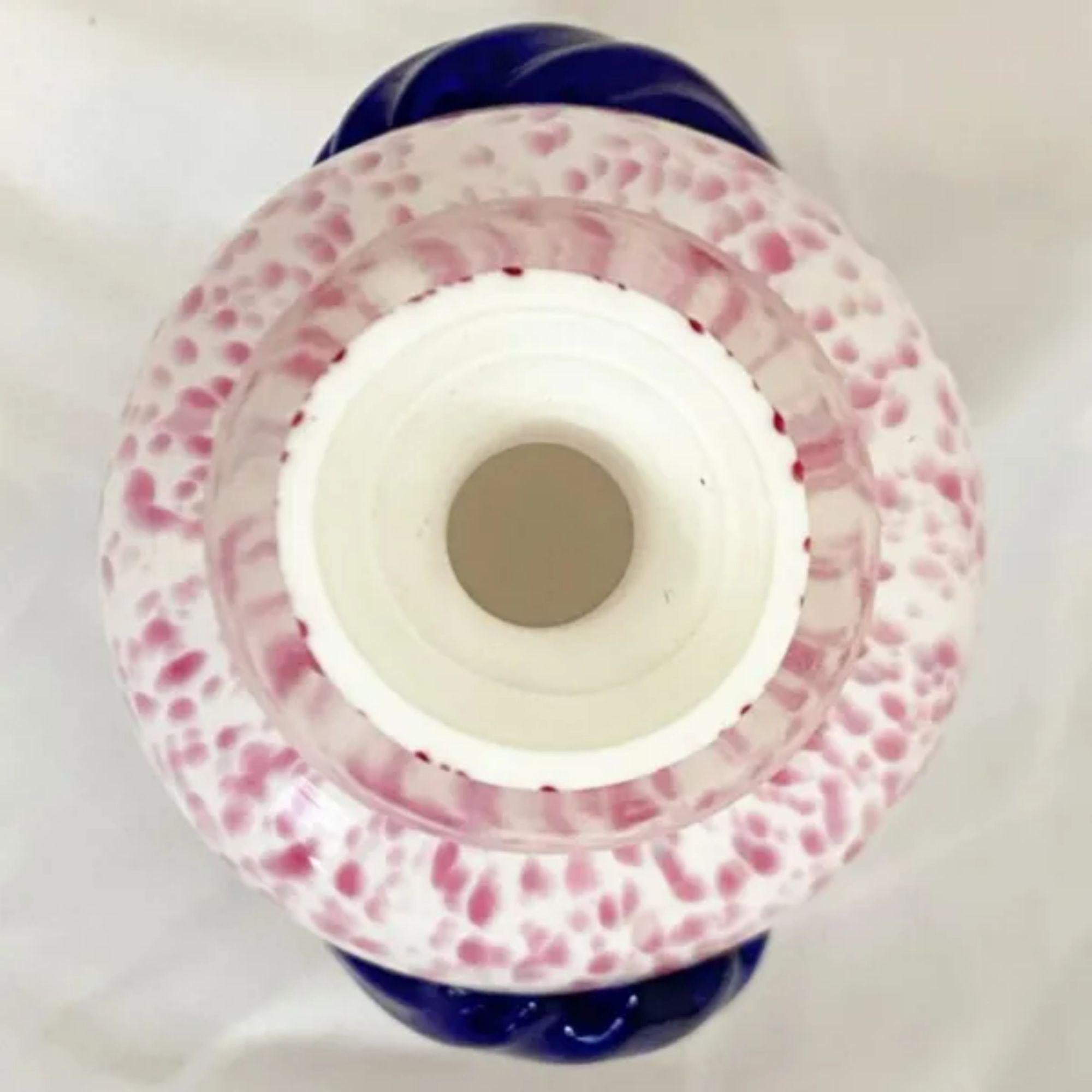 Italian White and Pink Glass Vase with Blue Snaking Swirl