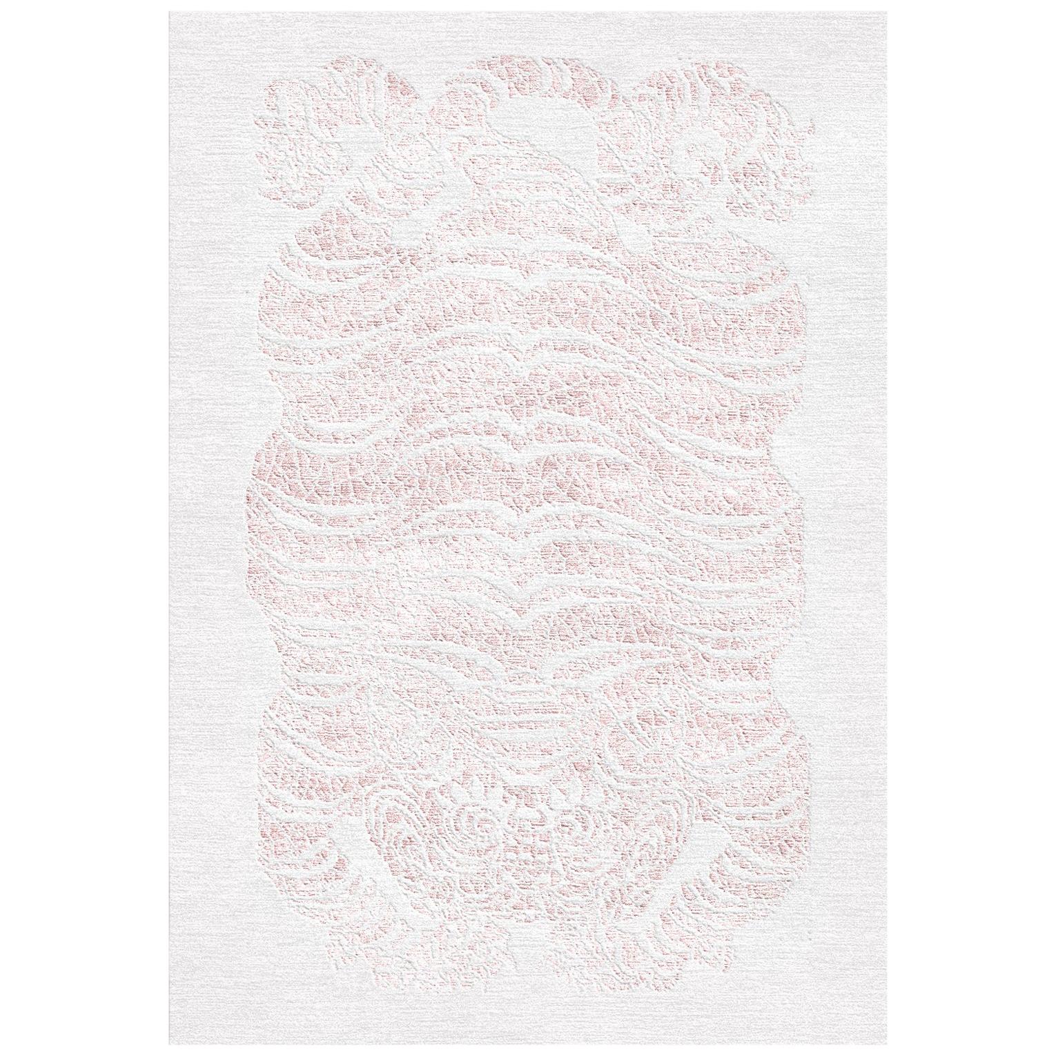 White and Pink Handmade Wool and Silk Rug from Tiger Collection by Gordian For Sale