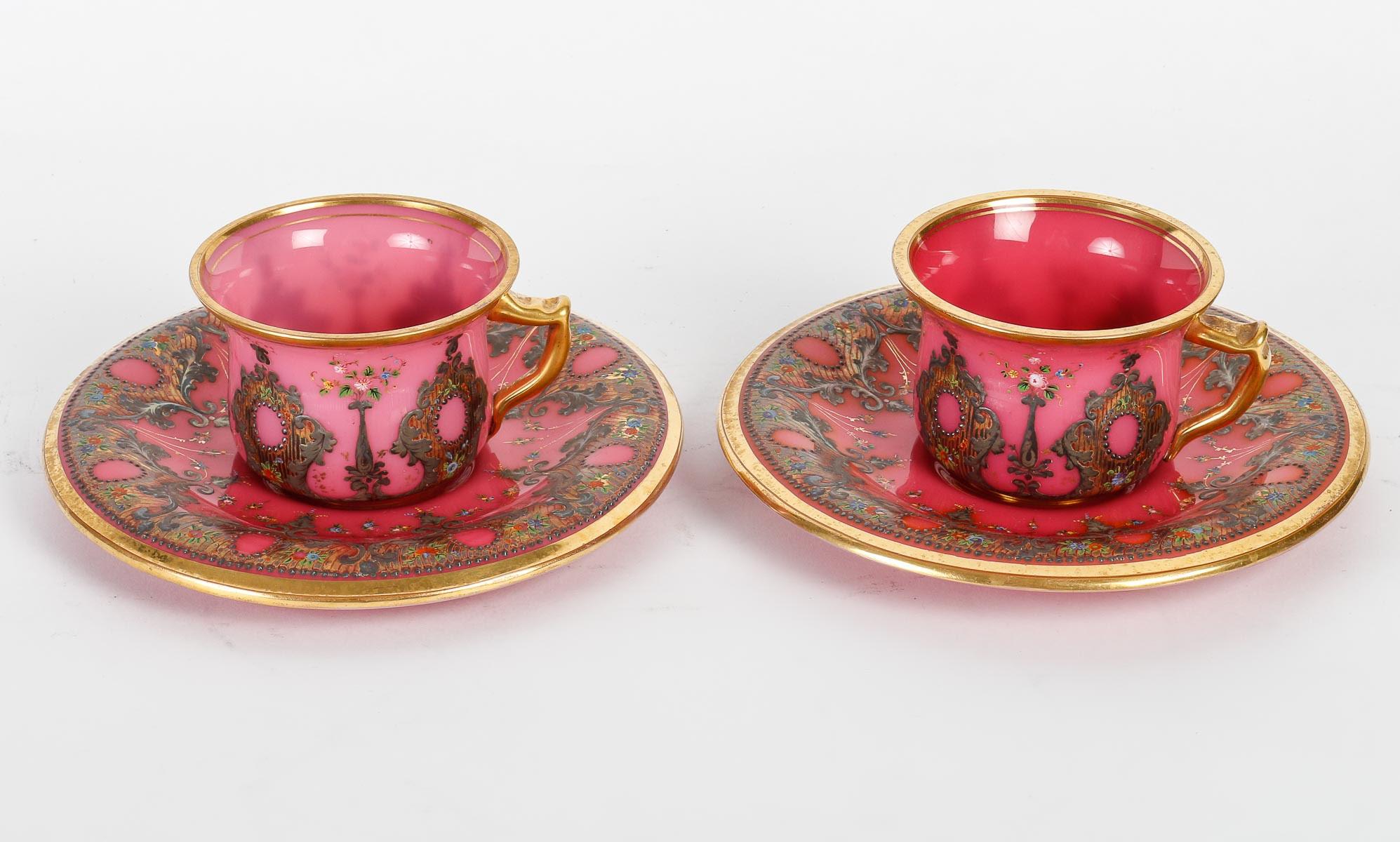 White and Pink Opaline Service Enamelled with Silver and Gold, 19th Century. 6