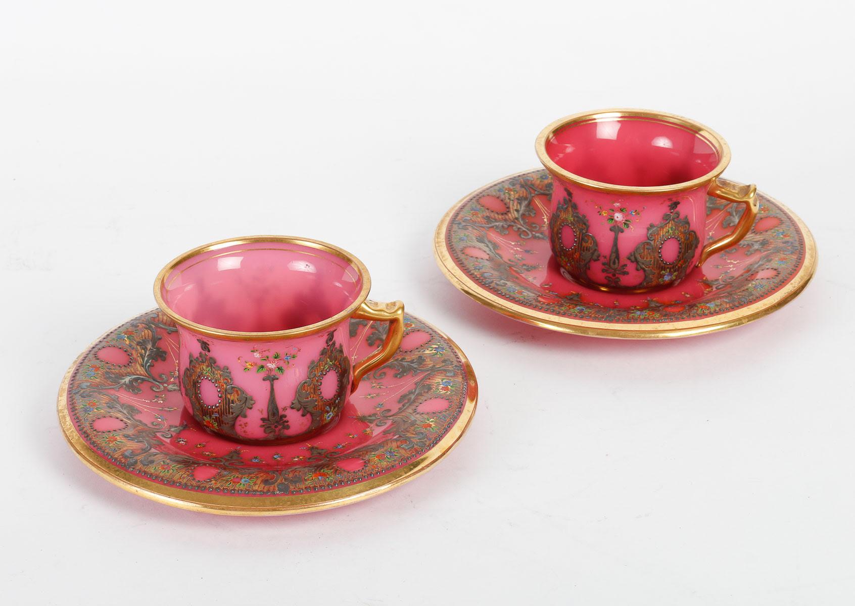 White and Pink Opaline Service Enamelled with Silver and Gold, 19th Century. 7