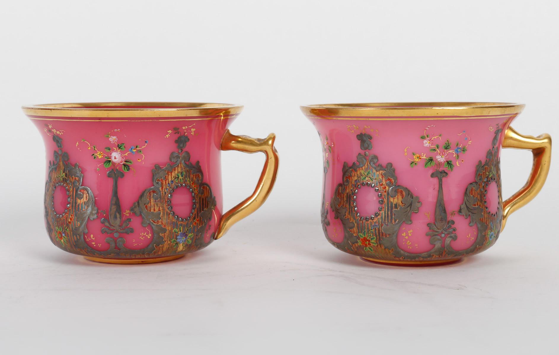 White and Pink Opaline Service Enamelled with Silver and Gold, 19th Century. 12