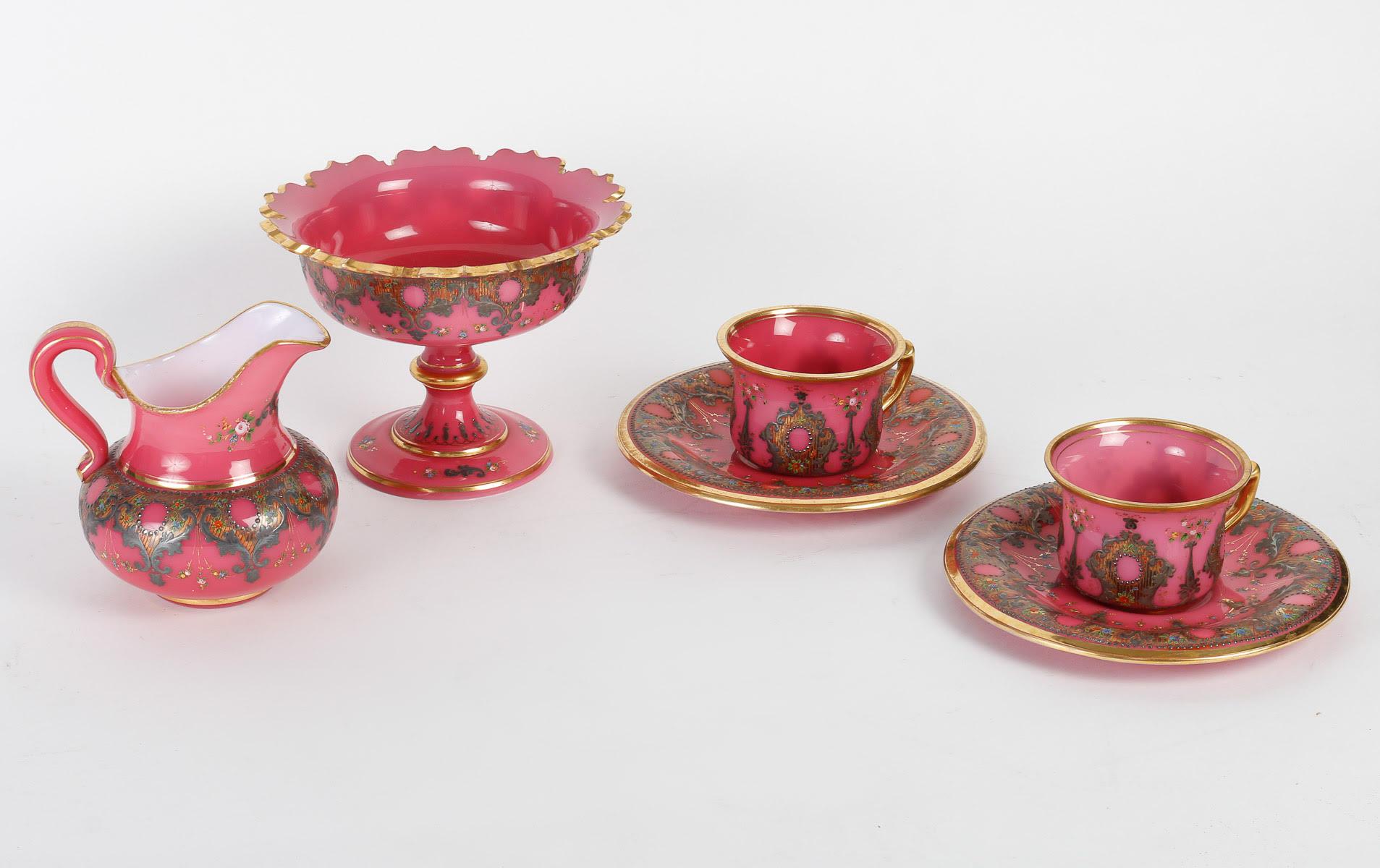 White and Pink Opaline Service Enamelled with Silver and Gold, 19th Century. 14