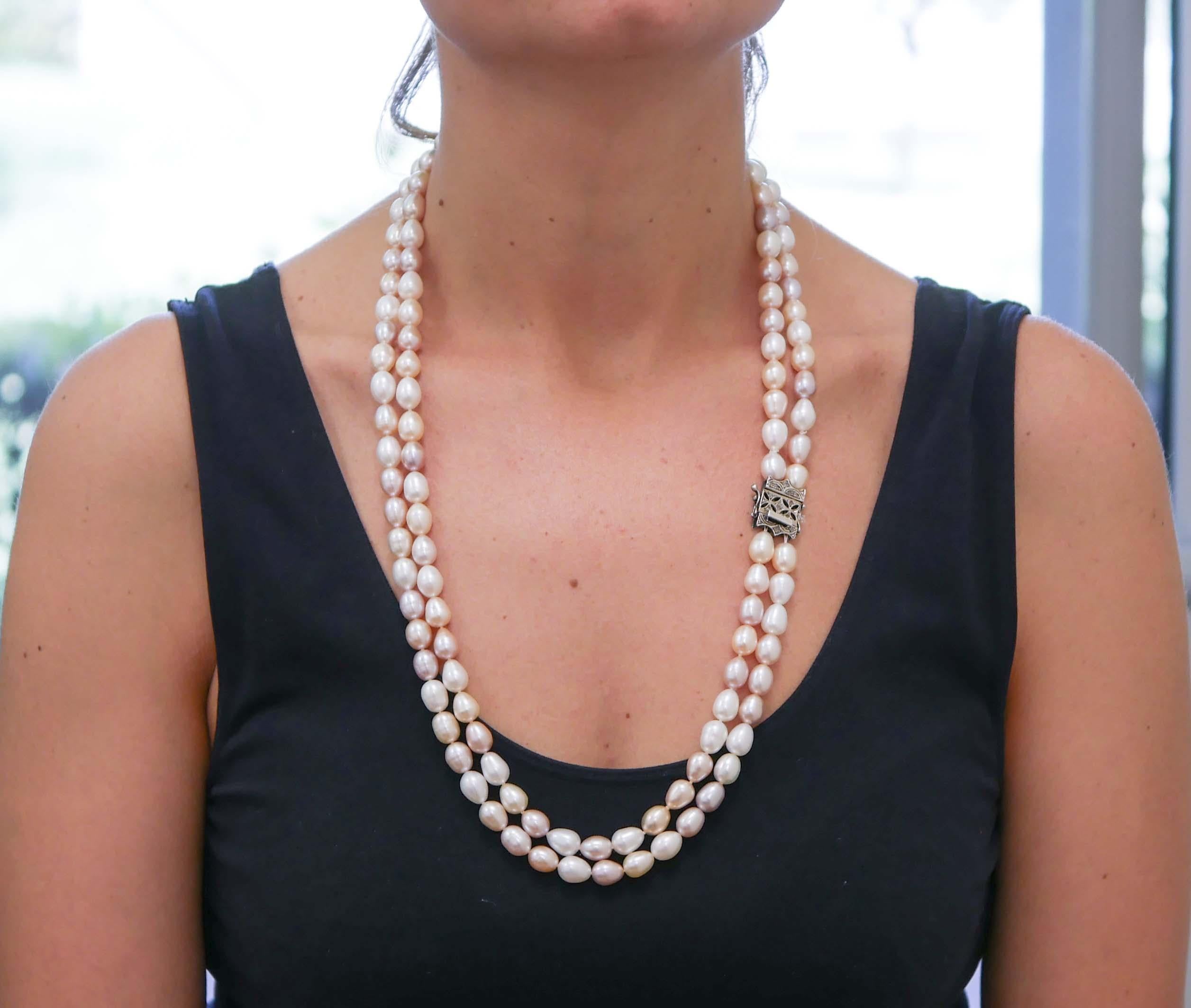 Mixed Cut White and Pink Pearls, Diamonds, Rose Gold and Silver Multi-Strands Necklace For Sale