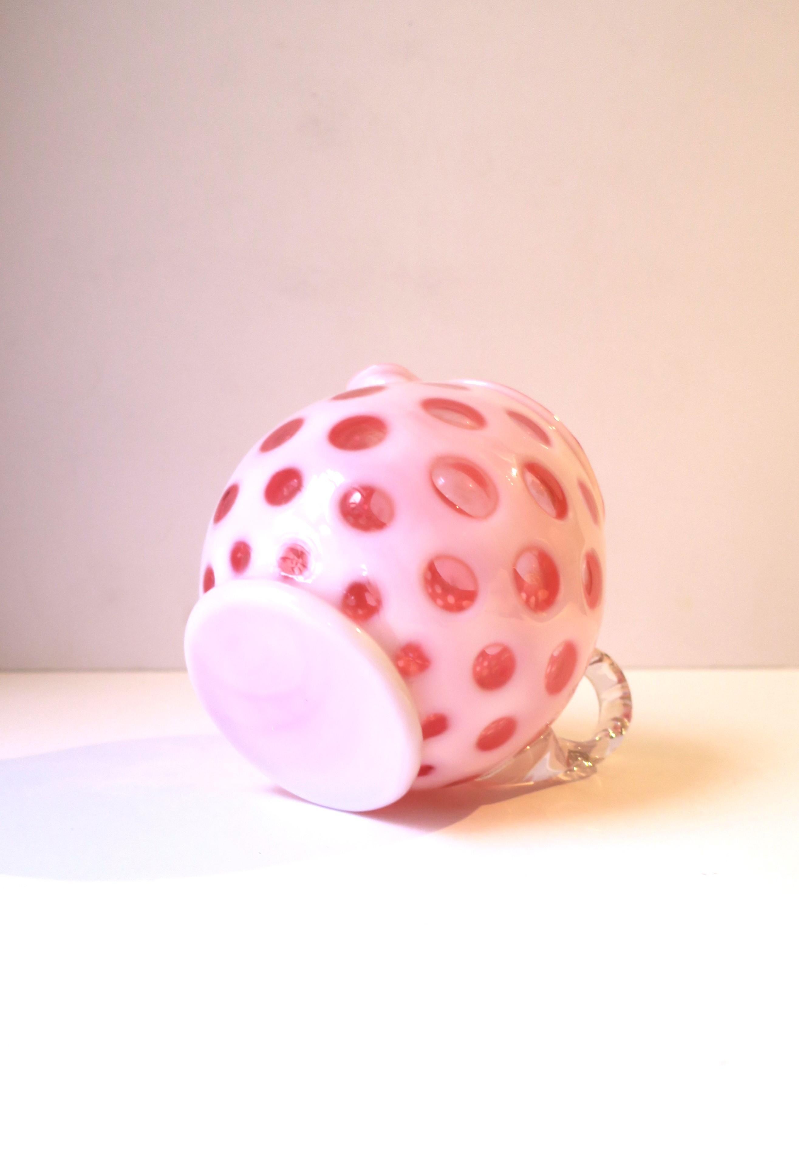 White and Pink Polka Dot Art Glass Pitcher or Vase 6