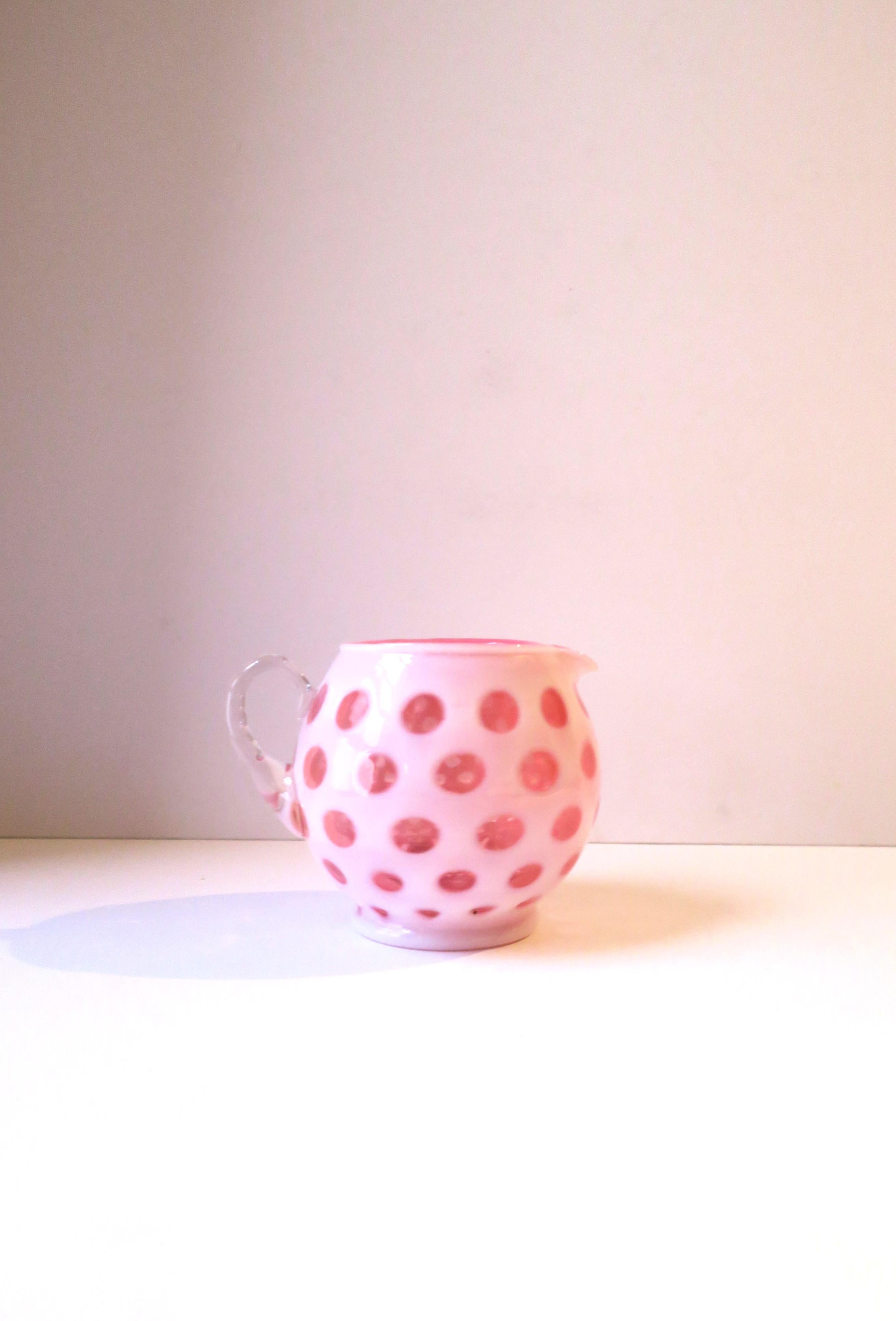 20th Century White and Pink Polka Dot Art Glass Pitcher or Vase