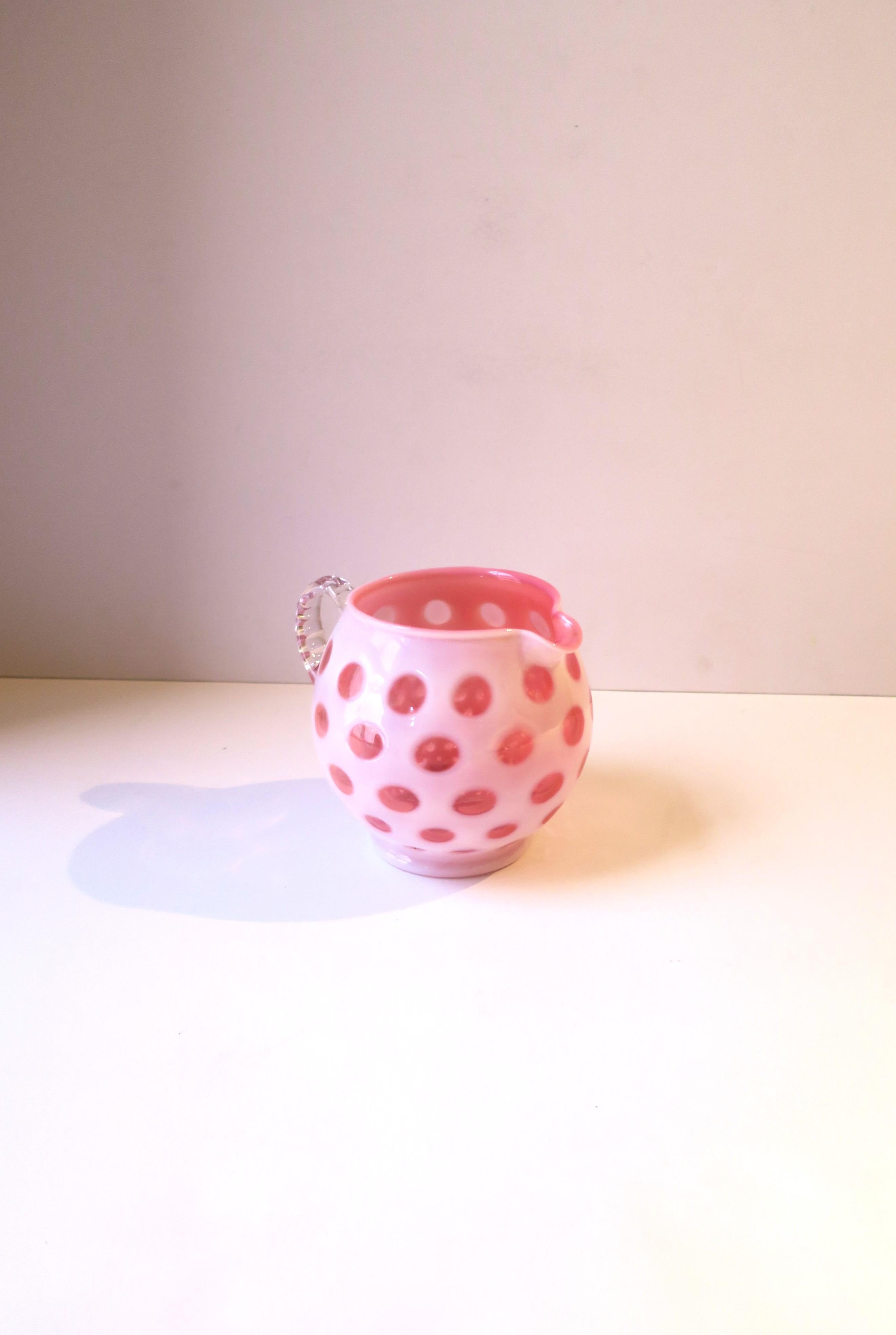White and Pink Polka Dot Art Glass Pitcher or Vase 1