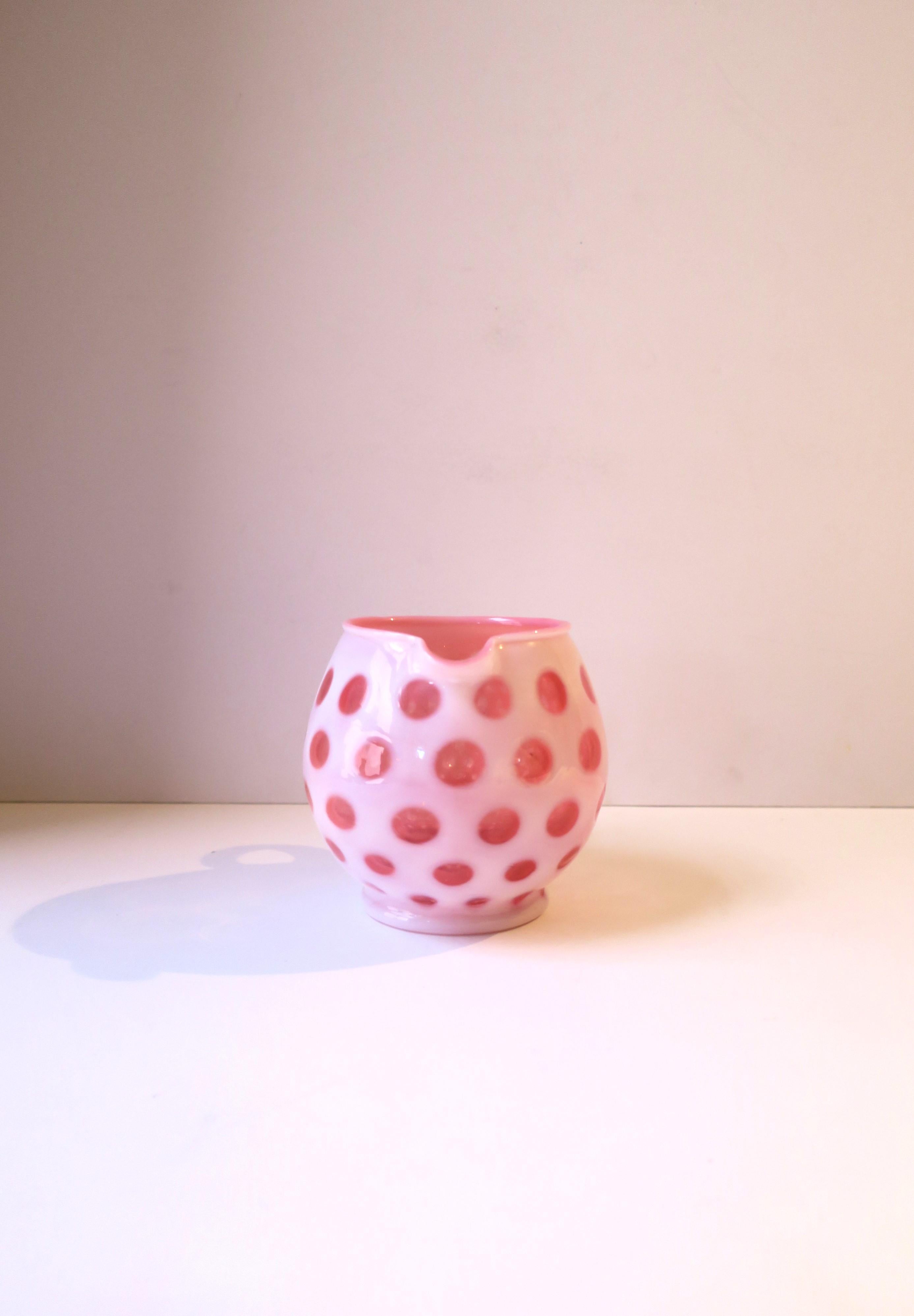 White and Pink Polka Dot Art Glass Pitcher or Vase 2