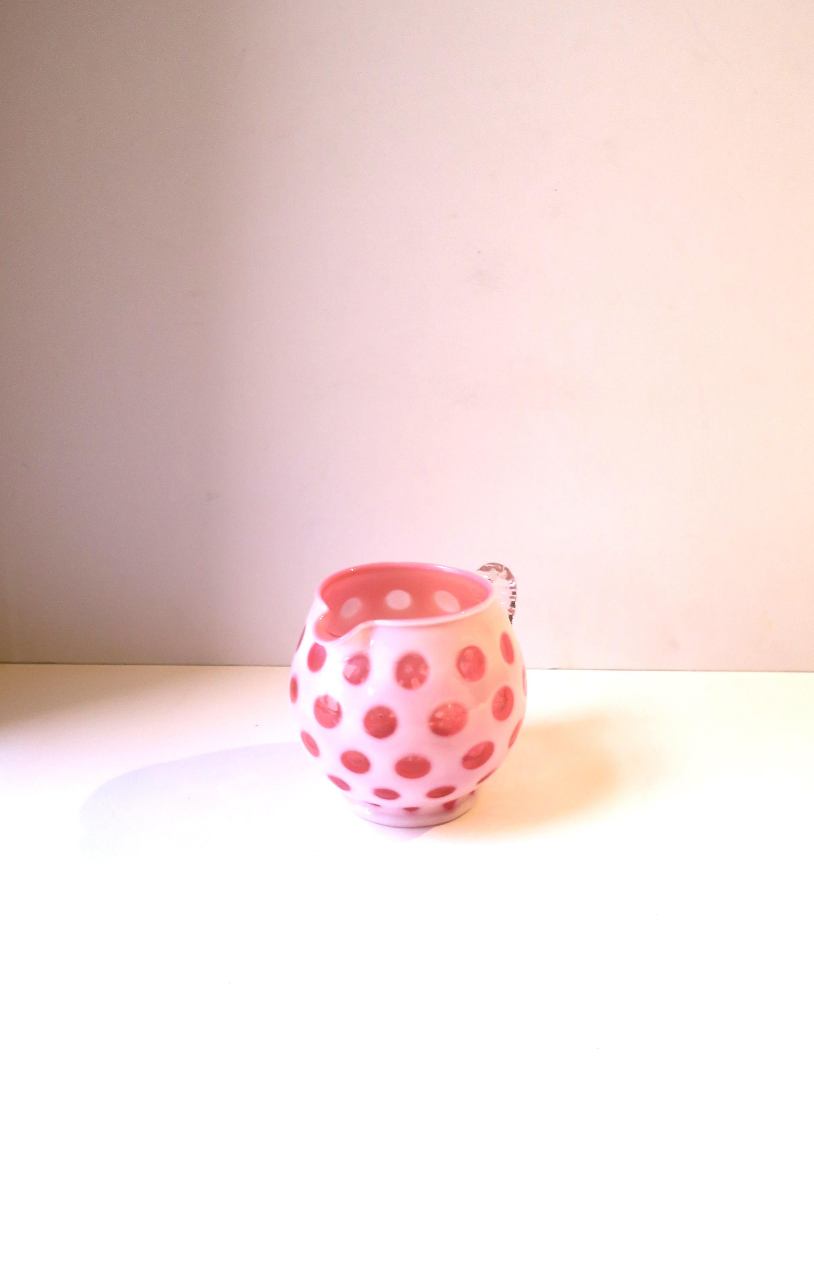 White and Pink Polka Dot Art Glass Pitcher or Vase 3